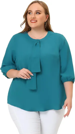 Agnes Orinda Women's Plus Size Tops Work Round Neck Ruffle Chiffon Blouse Office Top