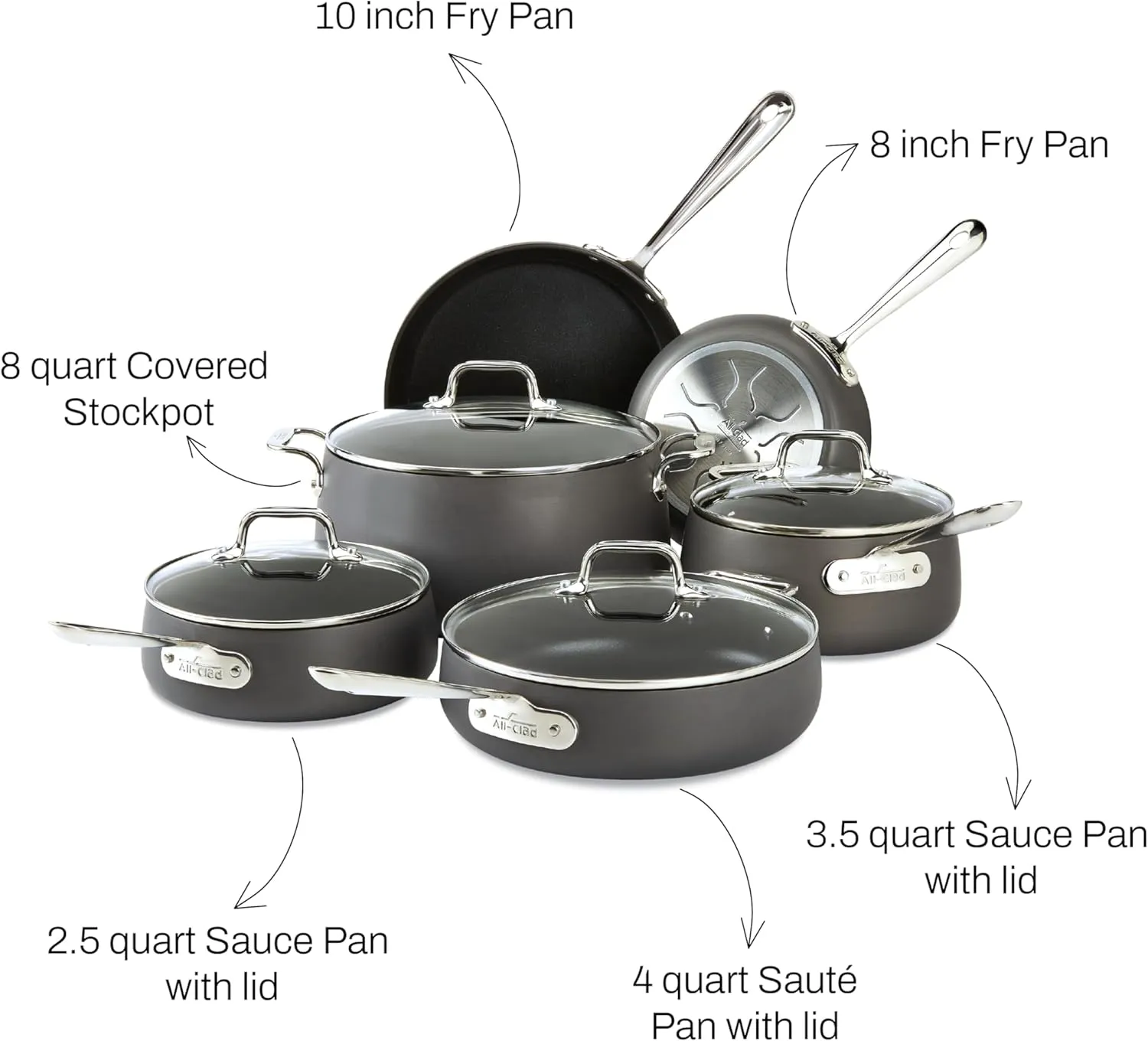 All-Clad HA1 Hard Anodized Nonstick Cookware Set 10 Piece Induction Oven Broiler Safe 500F, Lid Safe 350F Pots and Pans Black