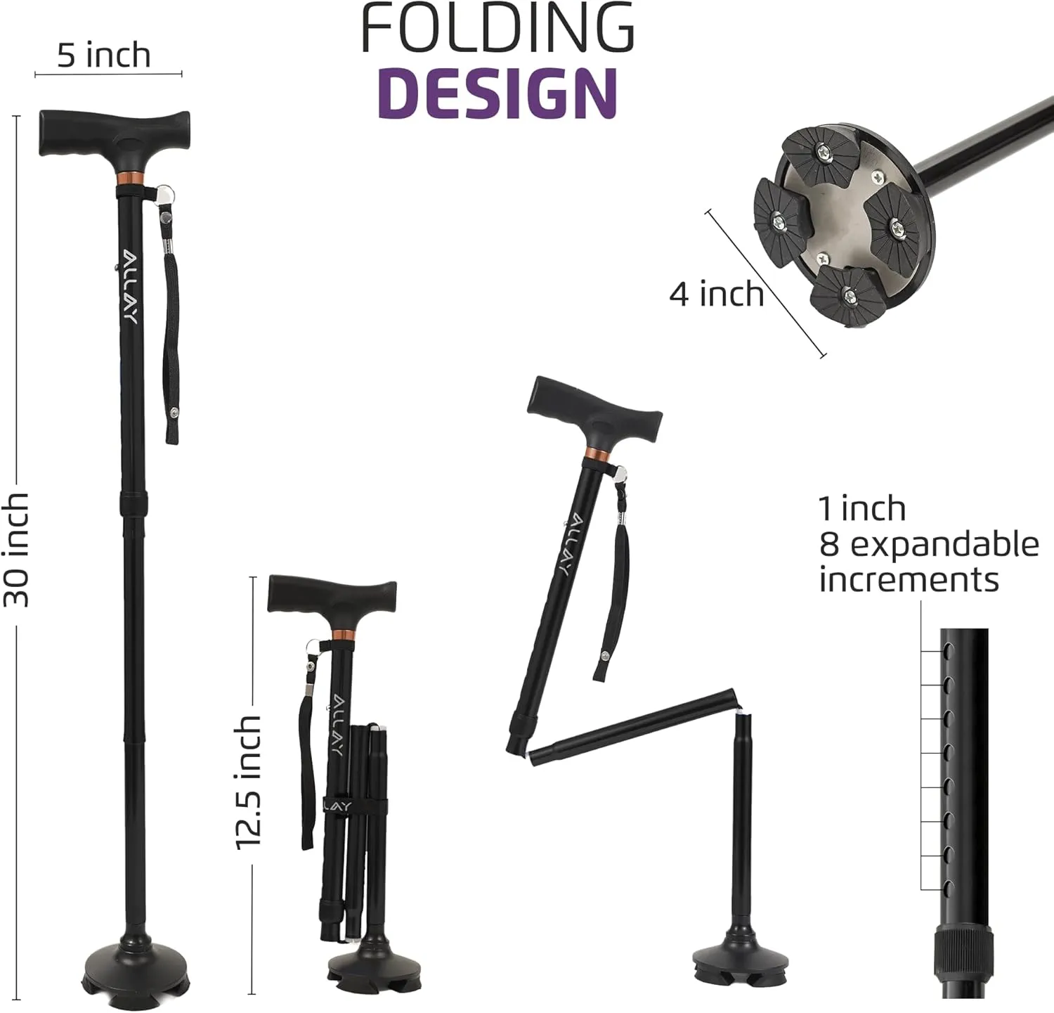 Allay Walking Cane for Men & Women - Foldable, Adjustable, Collapsible Walking Canes for Seniors Balance, Free Standing, Pivot Tip, Heavy Duty, with Travel Bag | Walking Sticks for Seniors & Adults