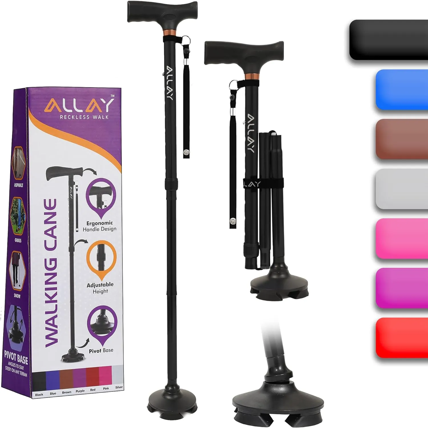 Allay Walking Cane for Men & Women - Foldable, Adjustable, Collapsible Walking Canes for Seniors Balance, Free Standing, Pivot Tip, Heavy Duty, with Travel Bag | Walking Sticks for Seniors & Adults