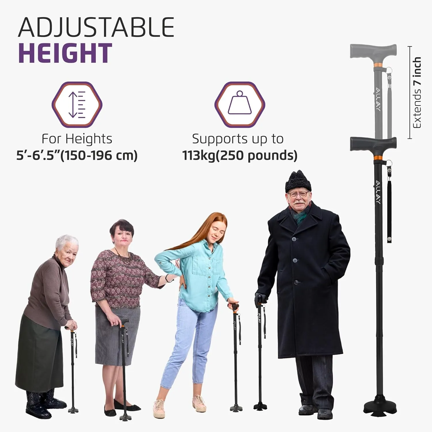 Allay Walking Cane for Men & Women - Foldable, Adjustable, Collapsible Walking Canes for Seniors Balance, Free Standing, Pivot Tip, Heavy Duty, with Travel Bag | Walking Sticks for Seniors & Adults