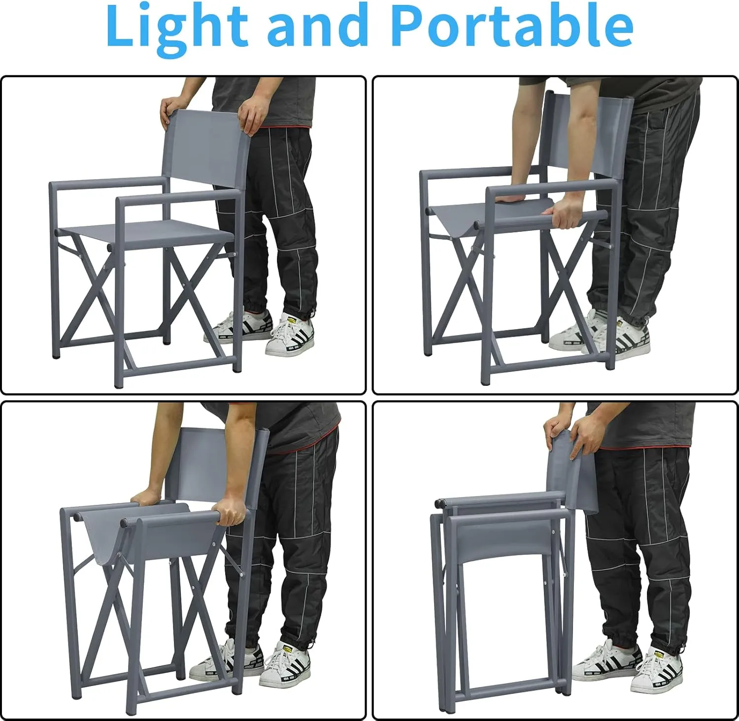 Aluminium Directors Chair Camping Chair Portable Folding Chair Outdoor and Indoor Use for Living Room, Patio, Backyard, Picnic and Balcony (1, Grey, Standard)