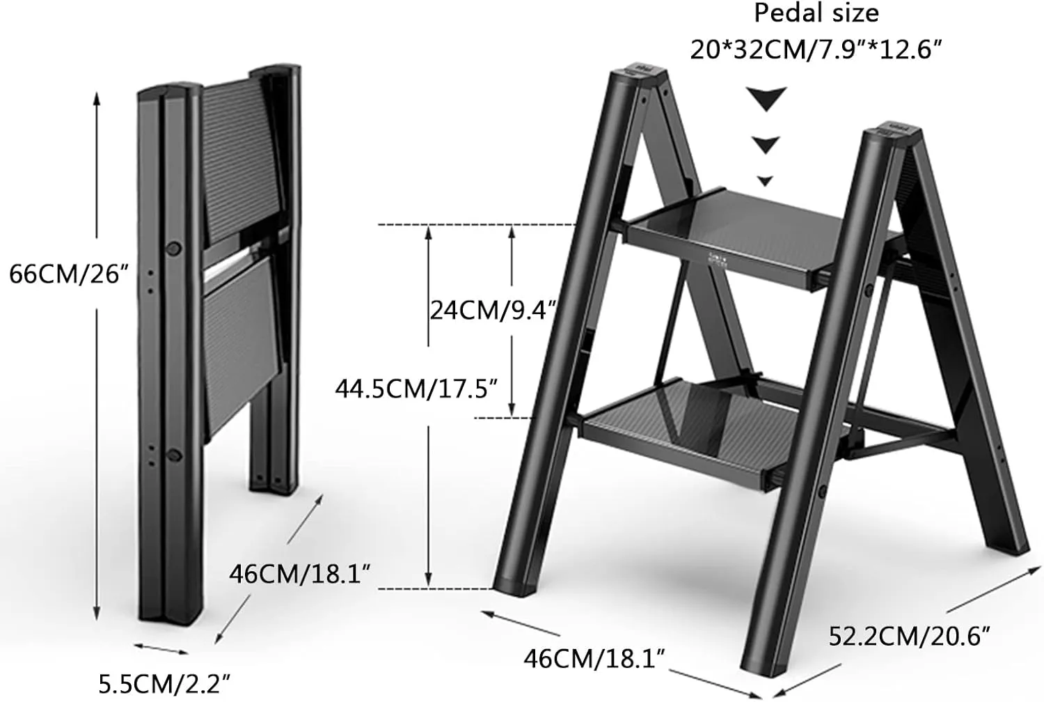 Aluminum Alloy Anti-Rust Black Folding Ladder Chair Without Installation Portable Ladder Widened Anti-Skid Pedal, 2 Steps/3 Steps/4 Steps (Size : 2 Step)