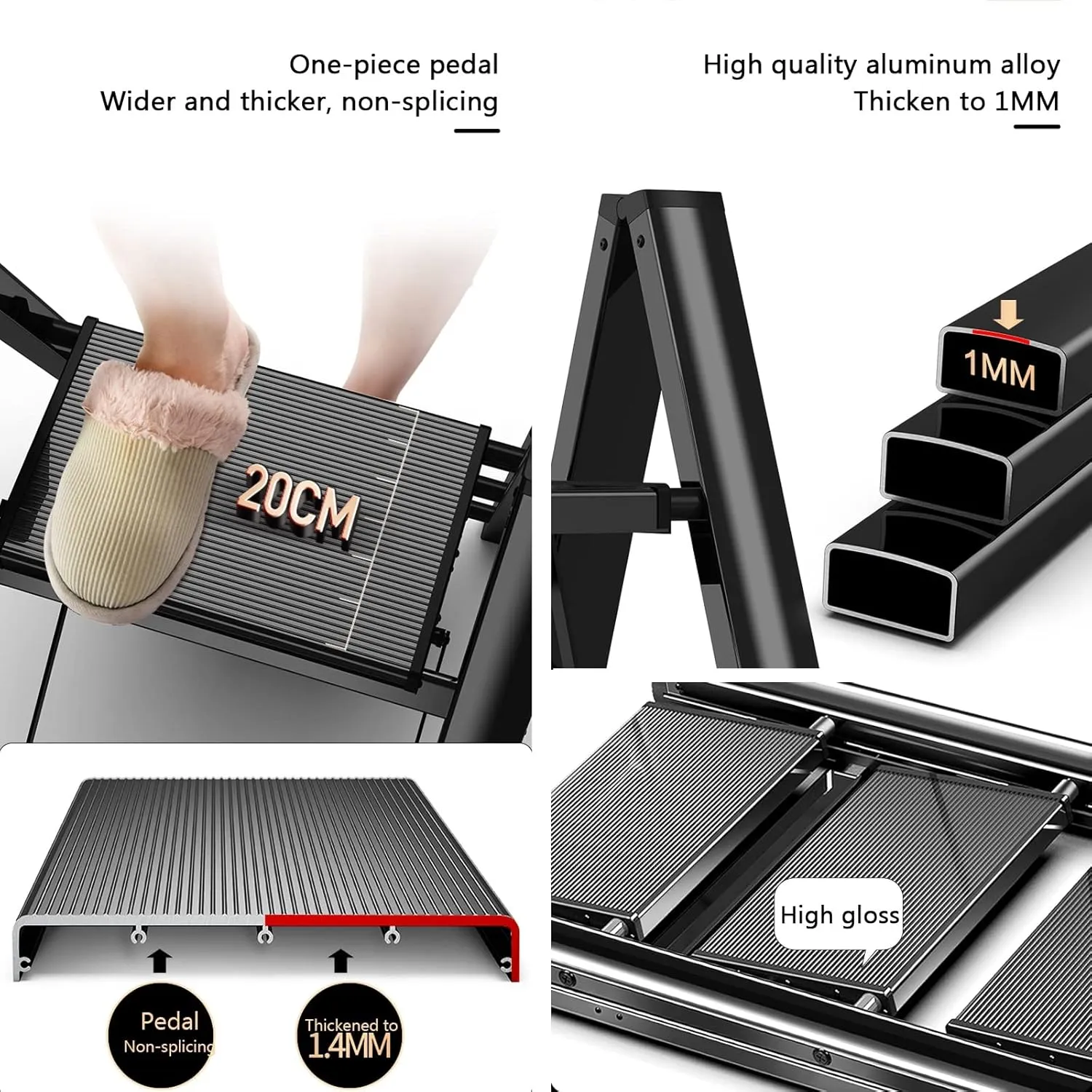 Aluminum Alloy Anti-Rust Black Folding Ladder Chair Without Installation Portable Ladder Widened Anti-Skid Pedal, 2 Steps/3 Steps/4 Steps (Size : 2 Step)