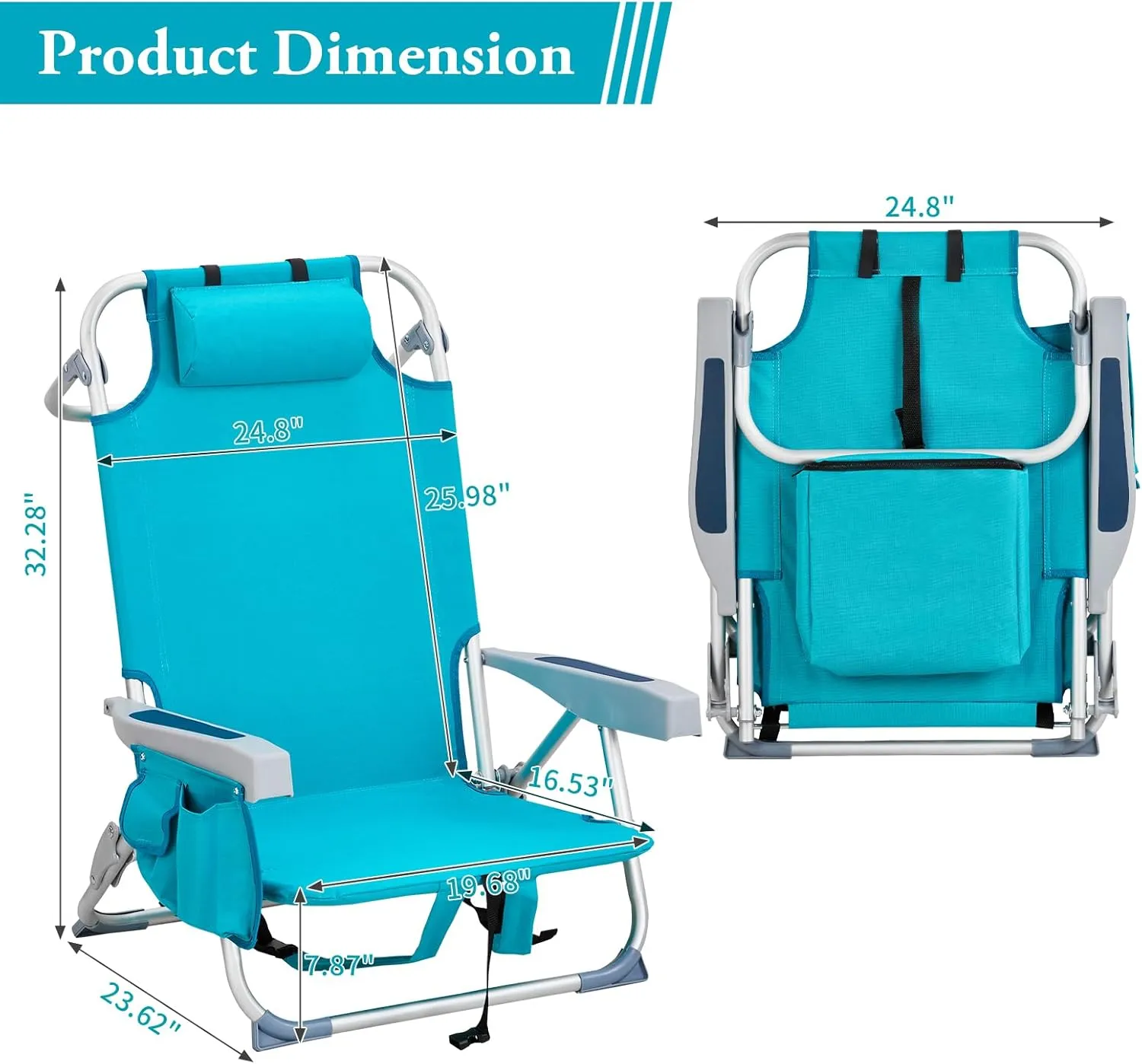Aluminum Beach Chair with Handrail, Pillow, 5 Positions Adjustable Back, for Sporting Events, Picnic, Camping Trips, Backyard Parties(24.8"x 25.6"x 32.28"). (Mint Green)