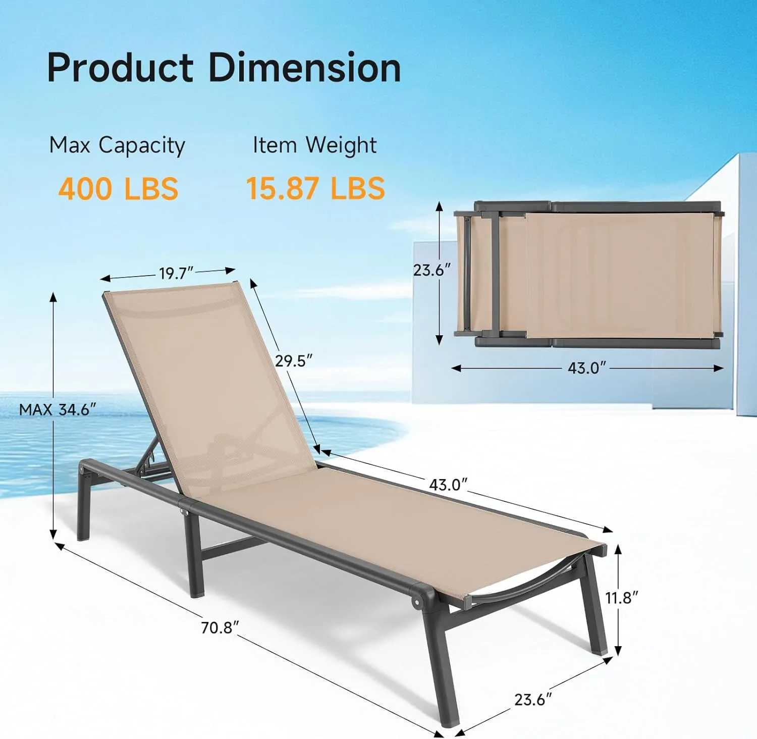 Aluminum Chaise Lounge Chair Outdoor, Foldable & Assembly Free Outdoor Lounge Chair with 5 Position Adjustable Backrest, Patio Pool Lounge Chairs for Outside Poolside Beach Lawn, 1PC, Khaki