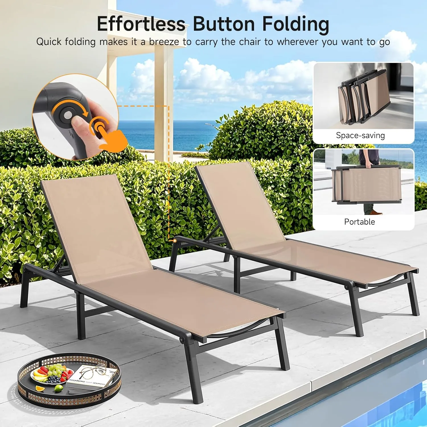 Aluminum Chaise Lounge Chair Outdoor, Foldable & Assembly Free Outdoor Lounge Chair with 5 Position Adjustable Backrest, Patio Pool Lounge Chairs for Outside Poolside Beach Lawn, 1PC, Khaki