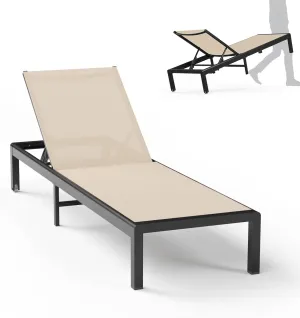 Aluminum Outdoor Chaise Lounge Chairs, Patio Metal Deck Lounger 5-Position Adjustable Backrest Chase Recliner with Wheels, Waterproof Outside Sun Tanning Chair for Pool/Garden/Beach, Khaki