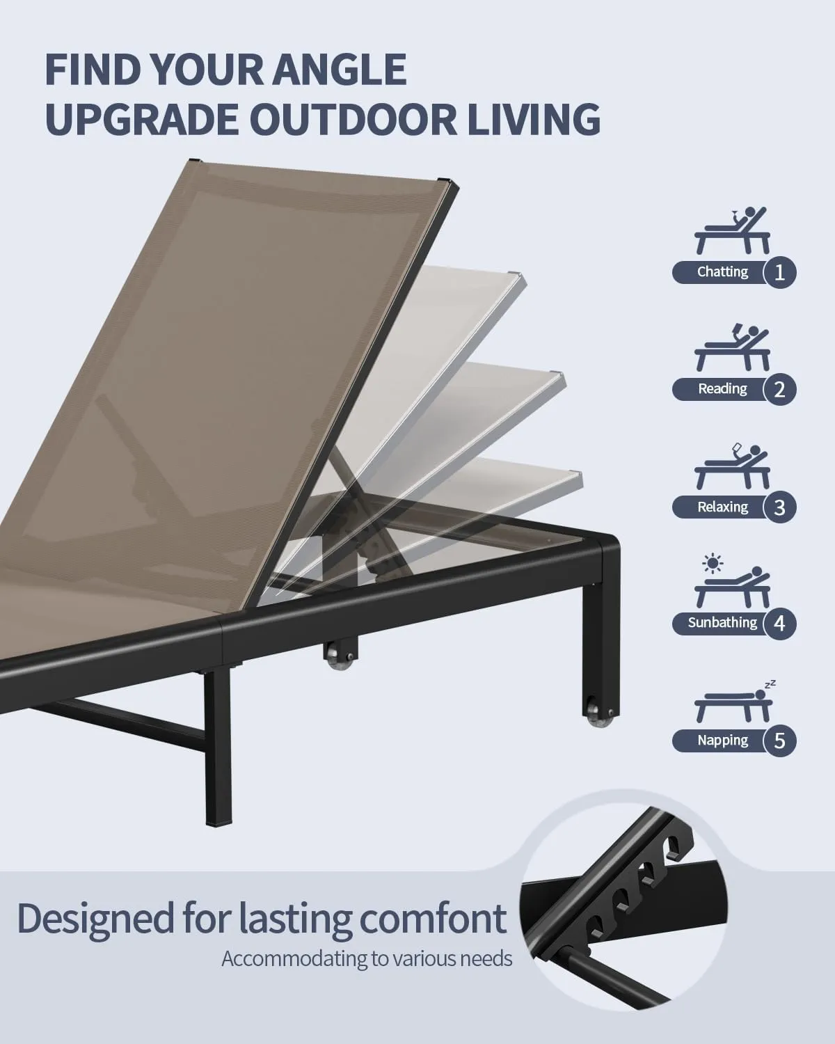Aluminum Outdoor Chaise Lounge Chairs, Patio Metal Deck Lounger 5-Position Adjustable Backrest Chase Recliner with Wheels, Waterproof Outside Sun Tanning Chair for Pool/Garden/Beach, Khaki