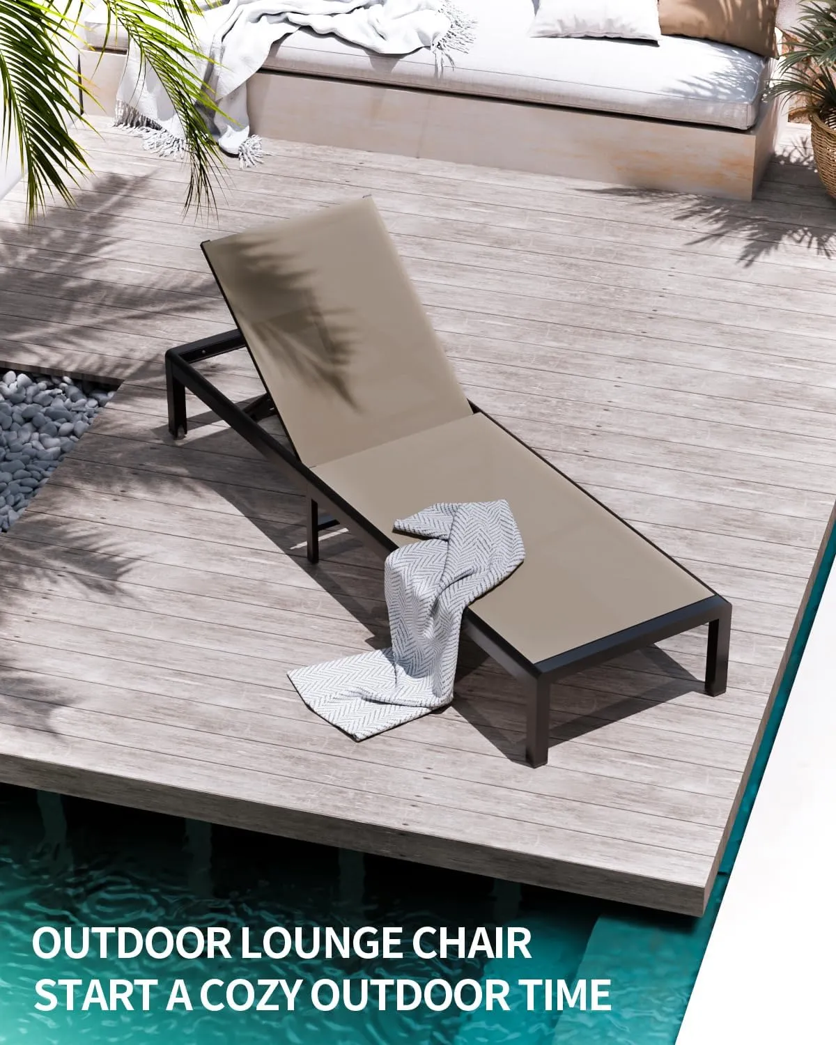 Aluminum Outdoor Chaise Lounge Chairs, Patio Metal Deck Lounger 5-Position Adjustable Backrest Chase Recliner with Wheels, Waterproof Outside Sun Tanning Chair for Pool/Garden/Beach, Khaki