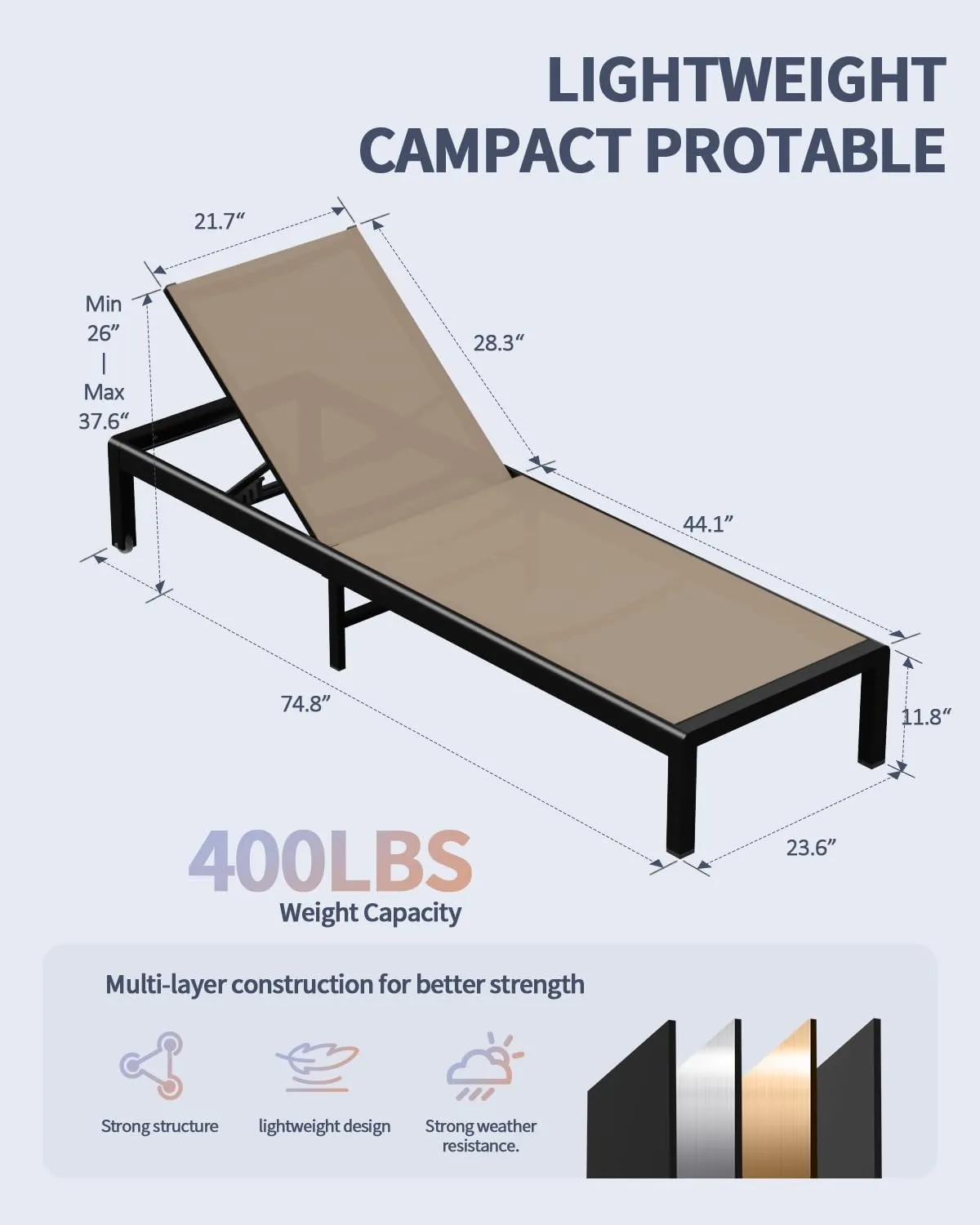 Aluminum Outdoor Chaise Lounge Chairs, Patio Metal Deck Lounger 5-Position Adjustable Backrest Chase Recliner with Wheels, Waterproof Outside Sun Tanning Chair for Pool/Garden/Beach, Khaki