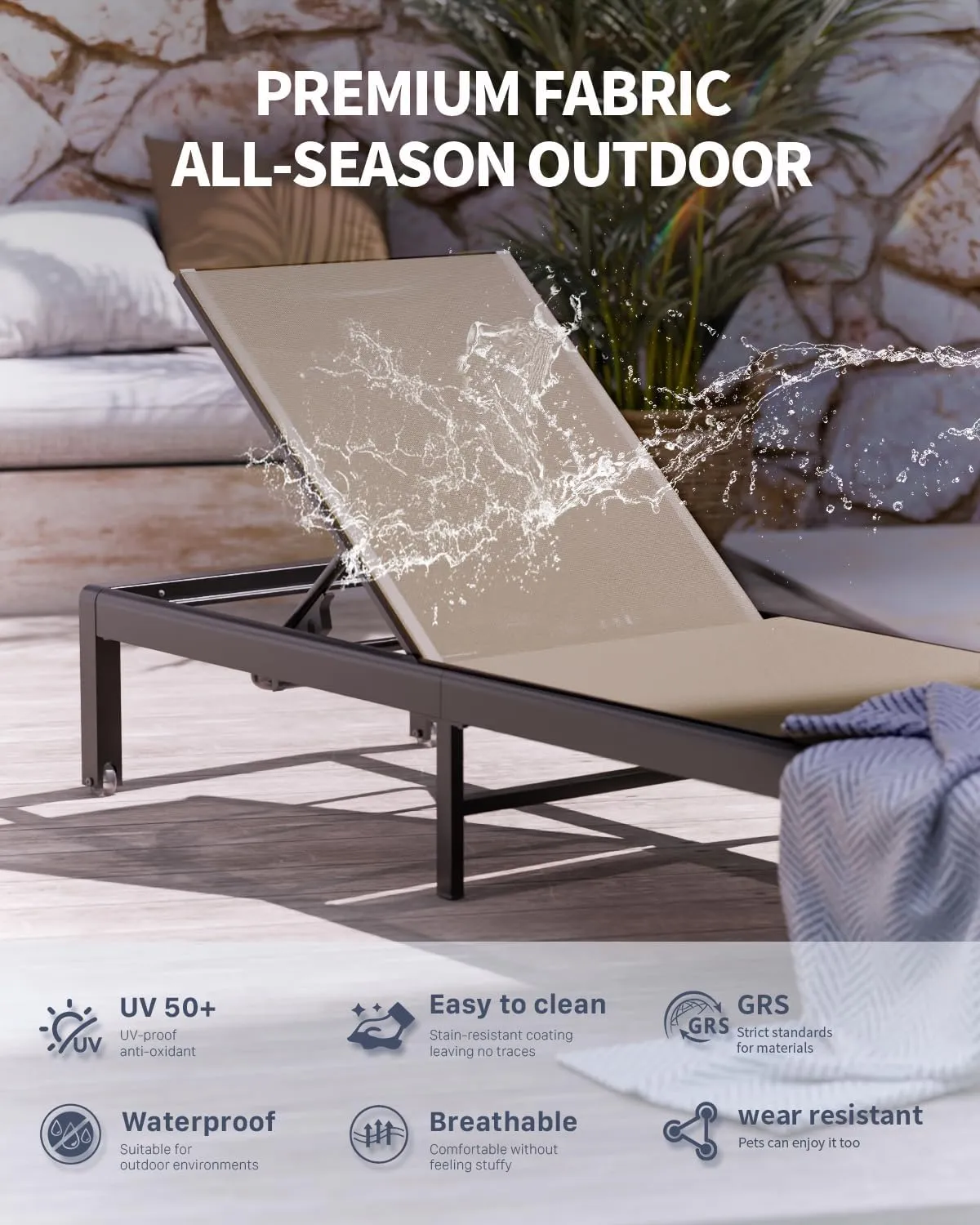 Aluminum Outdoor Chaise Lounge Chairs, Patio Metal Deck Lounger 5-Position Adjustable Backrest Chase Recliner with Wheels, Waterproof Outside Sun Tanning Chair for Pool/Garden/Beach, Khaki