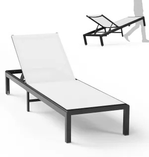 Aluminum Outdoor Chaise Lounge Chairs, Patio Metal Deck Lounger 5-Position Adjustable Backrest Chase Recliner with Wheels, Waterproof Outside Sun Tanning Chair for Pool/Garden/Beach, White