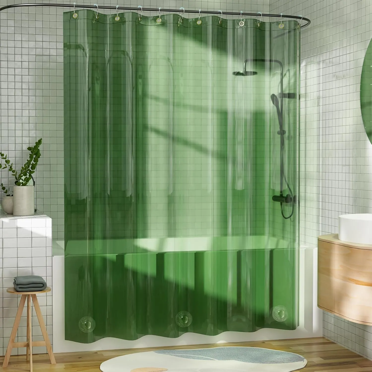 AmazerBath Shower Curtain Liner, 100% EVA Soft Clear Green Heavy Duty Shower Curtain and Liner 2-in-1, 72x72 Luxury Plastic Weighted Bathroom Shower Liner, 12 Rustproof Grommets & 3 Heavyweight Stones