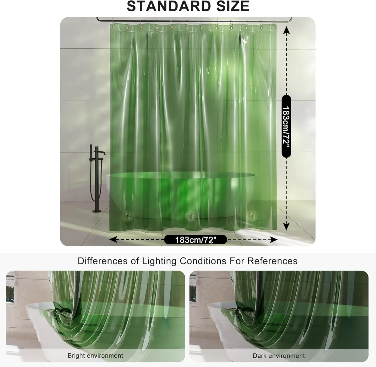 AmazerBath Shower Curtain Liner, 100% EVA Soft Clear Green Heavy Duty Shower Curtain and Liner 2-in-1, 72x72 Luxury Plastic Weighted Bathroom Shower Liner, 12 Rustproof Grommets & 3 Heavyweight Stones
