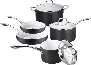 AMERICOOK Black Pots and Pans Set, 8 Piece Hard Anodized Cookware Set - White Ceramic Nonstick, Aluminum Saucepans with Sturdy Glass Straining Lids, Pour Spouts and Cool-Touch Handles