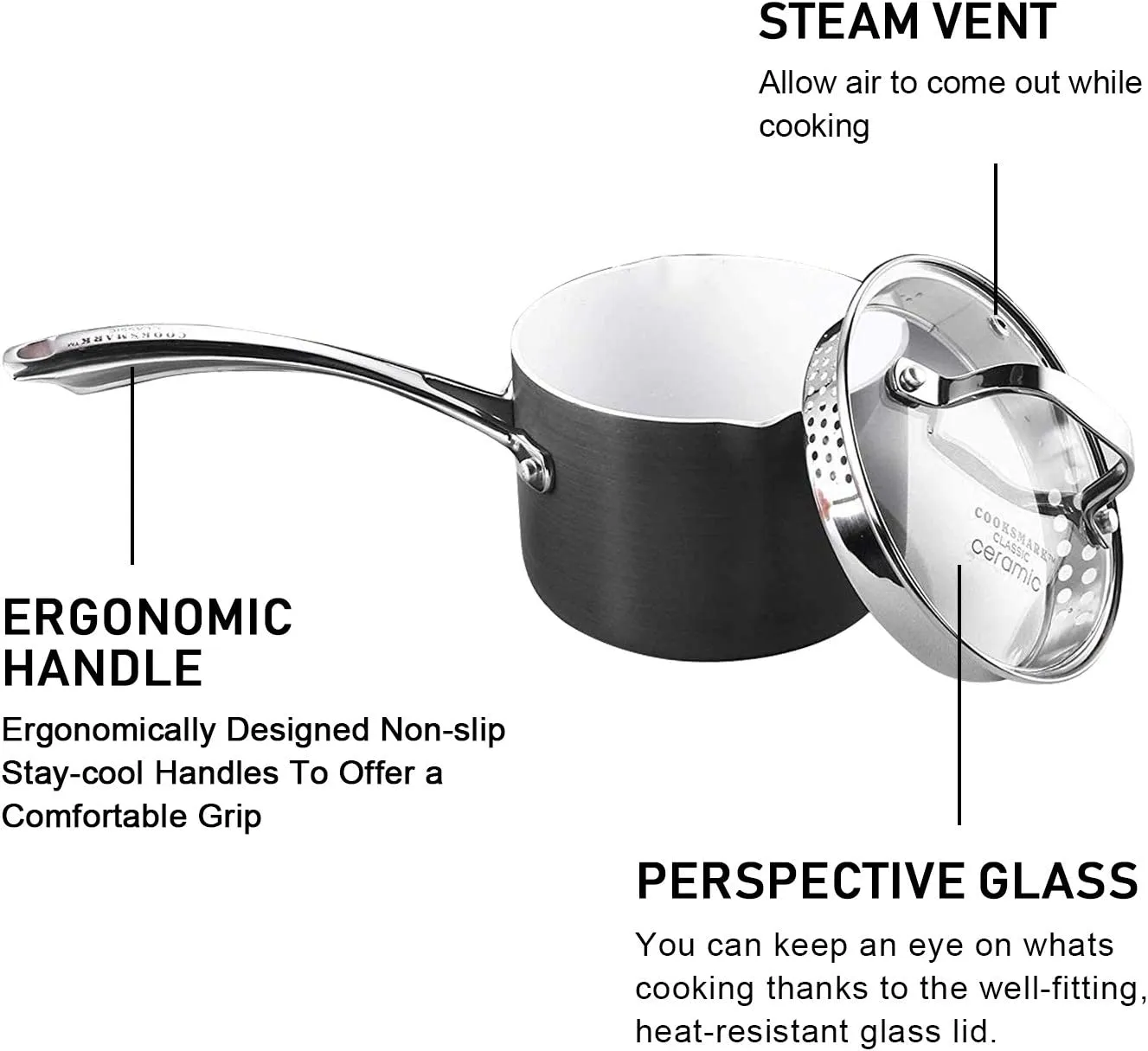 AMERICOOK Black Pots and Pans Set, 8 Piece Hard Anodized Cookware Set - White Ceramic Nonstick, Aluminum Saucepans with Sturdy Glass Straining Lids, Pour Spouts and Cool-Touch Handles