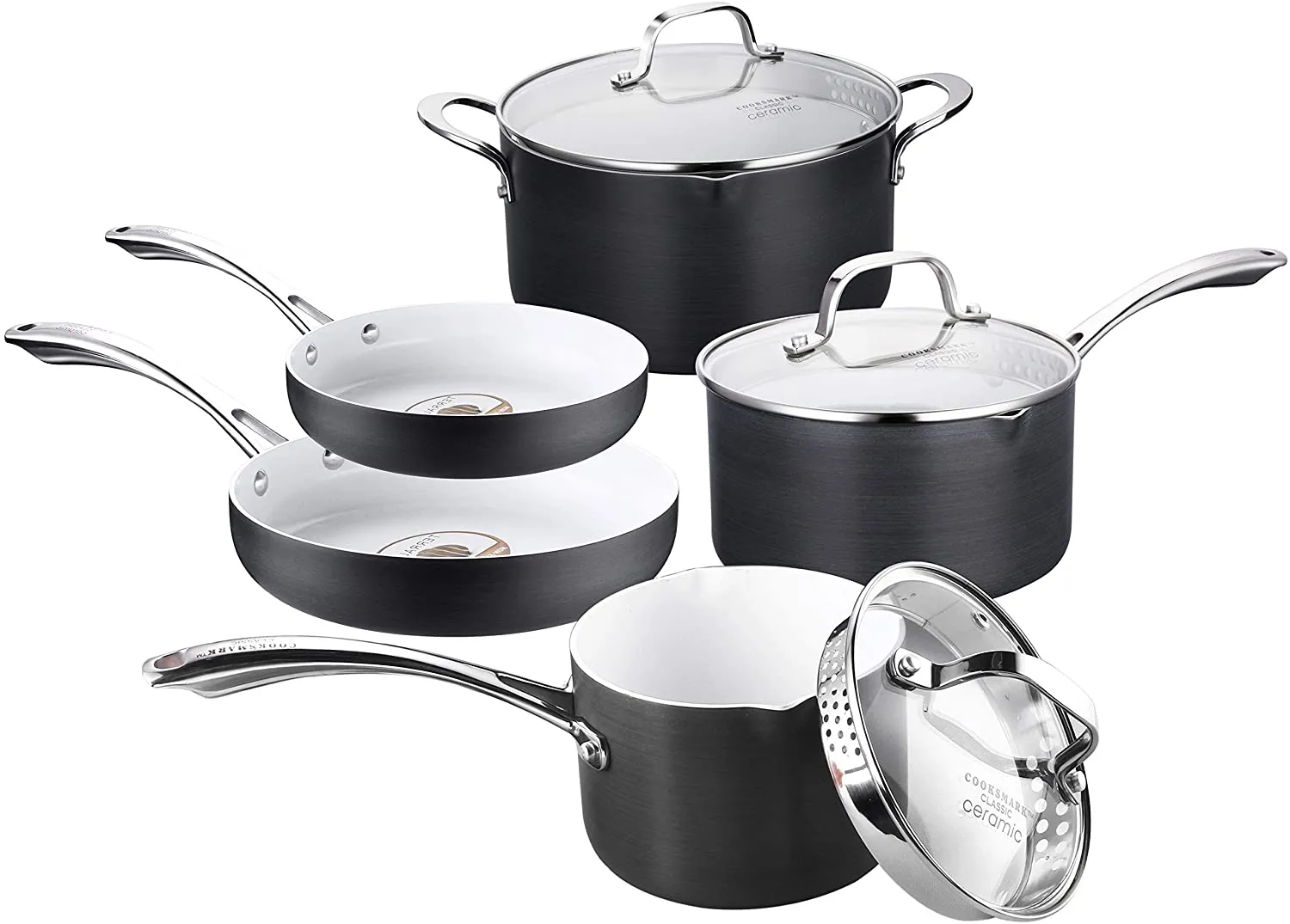AMERICOOK Black Pots and Pans Set, 8 Piece Hard Anodized Cookware Set - White Ceramic Nonstick, Aluminum Saucepans with Sturdy Glass Straining Lids, Pour Spouts and Cool-Touch Handles