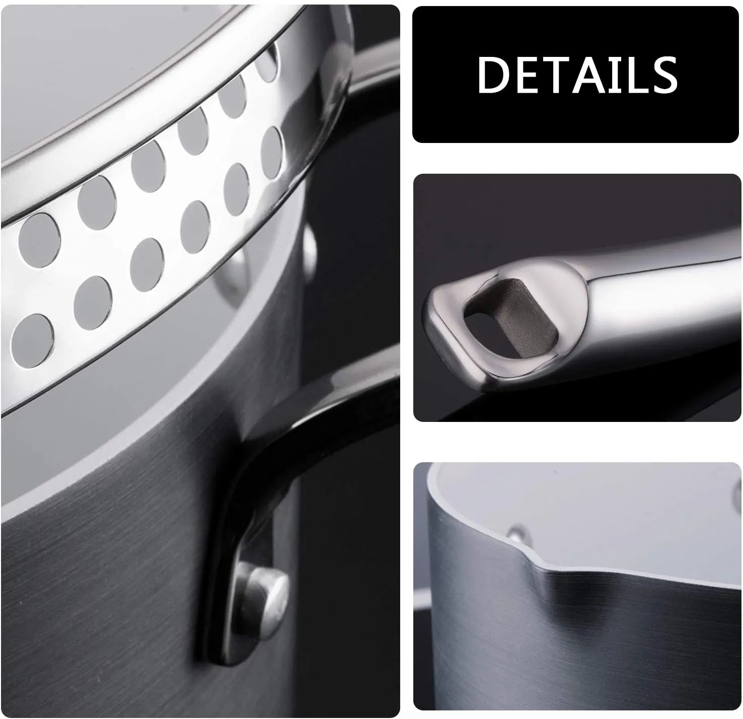 AMERICOOK Black Pots and Pans Set, 8 Piece Hard Anodized Cookware Set - White Ceramic Nonstick, Aluminum Saucepans with Sturdy Glass Straining Lids, Pour Spouts and Cool-Touch Handles