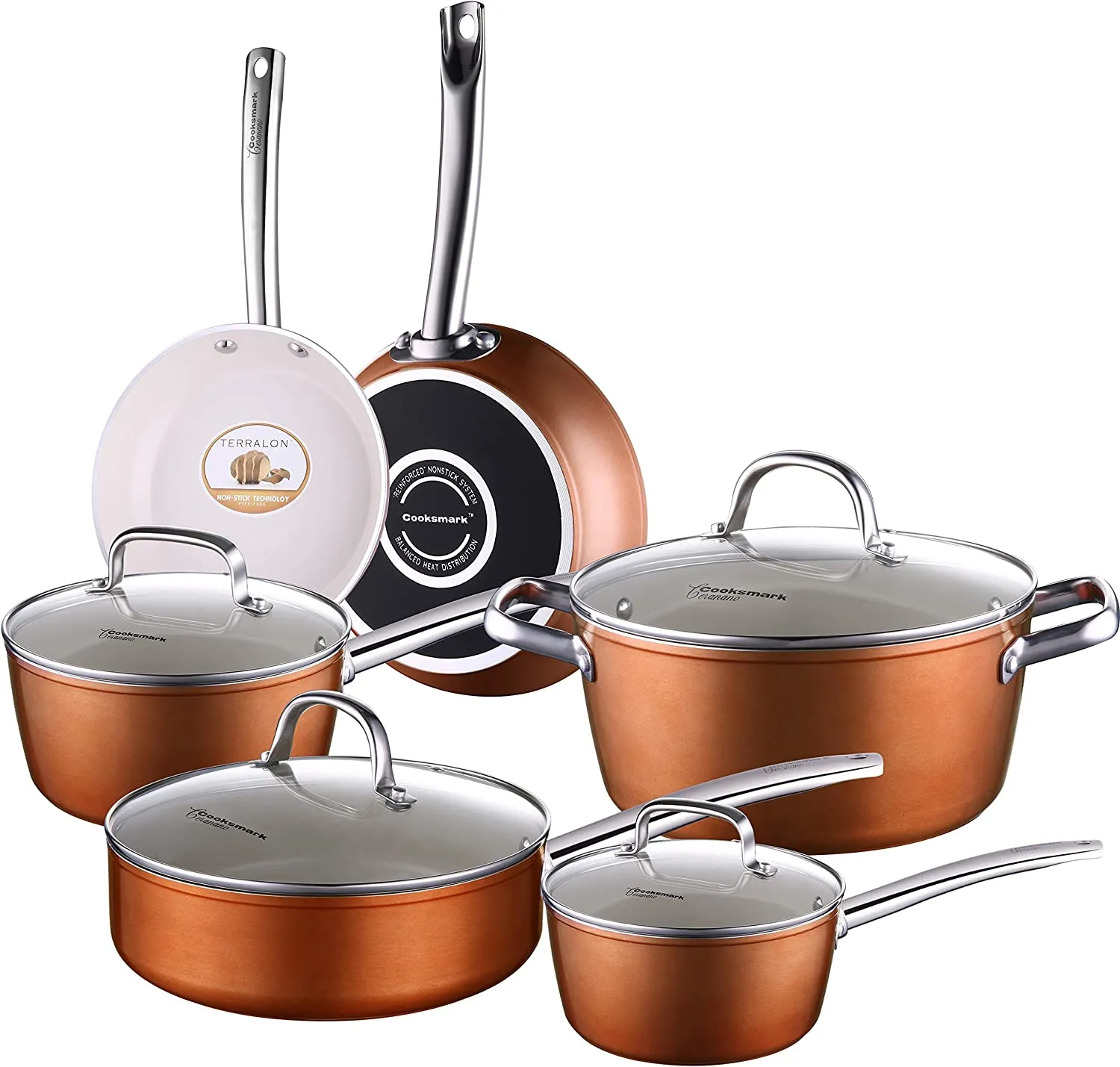 AMERICOOK Copper Cookware Set, 10 Piece Ceramic Nonstick Pots and Pans Set with Glass Lids, Nonstick Copper Skillet, Sauce Pan, Stockpot