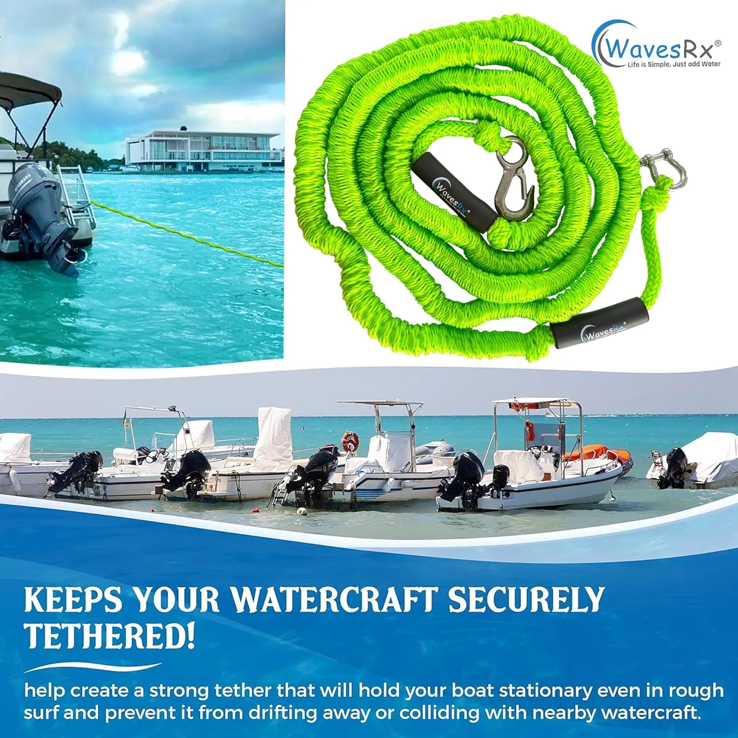 AnchorMate BowTether Bungee Line | Boat Bungee Dock Lines for Boats, PWCs & Kayaks | Absorbs Shock from Swells & Wind, Prevents Anchor Dislodging | Perfect for Anchoring, Mooring & Tethering