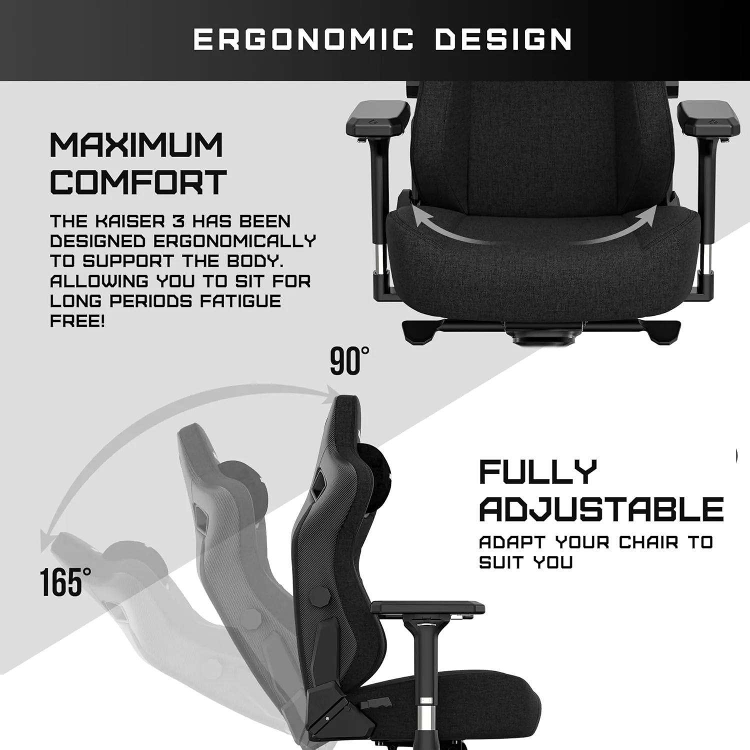 Anda Seat Kaiser 3 Pro Large Gaming Chair for Adults - Ergonomic Black Fabric Gaming Seat with 5D Armrest, Comfortable Office Chair with Lumbar Support - Heavy Duty Wide Computer Seat