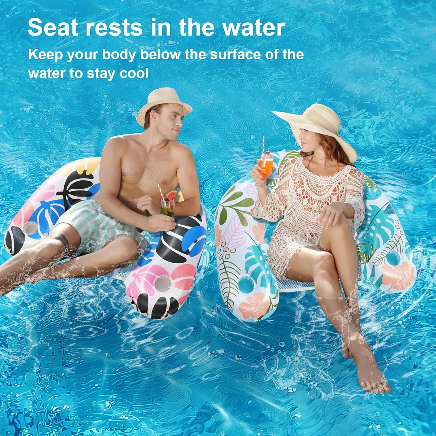 ANNIL【2 Pack】 Adult Inflatable Pool Floats Chair, Water Leisure Inflatable Floating Chair,Drink Holder, Ergonomic Headrest,Pool Floaties for Adults Swimming Pool Party, Summer Water Fun
