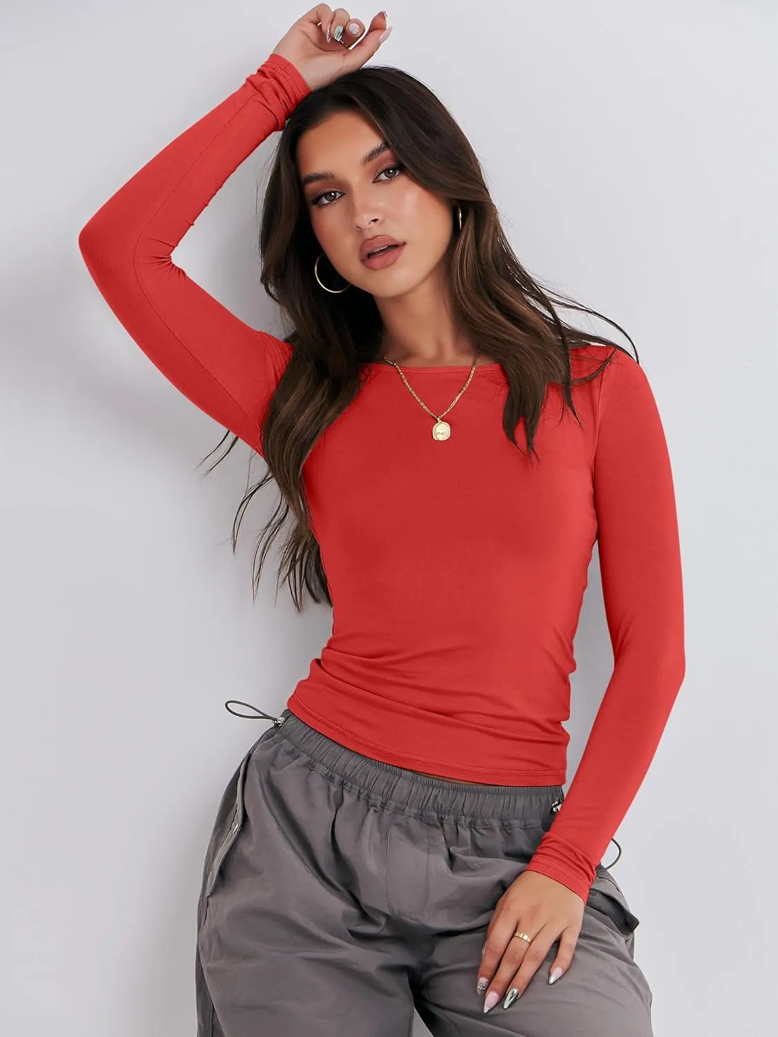 ANRABESS Women’s Long Sleeve Shirts Tight Fitted Going Out Crop Tops Crewneck Basic Tee Y2k Outfits Teens Girls Clothes