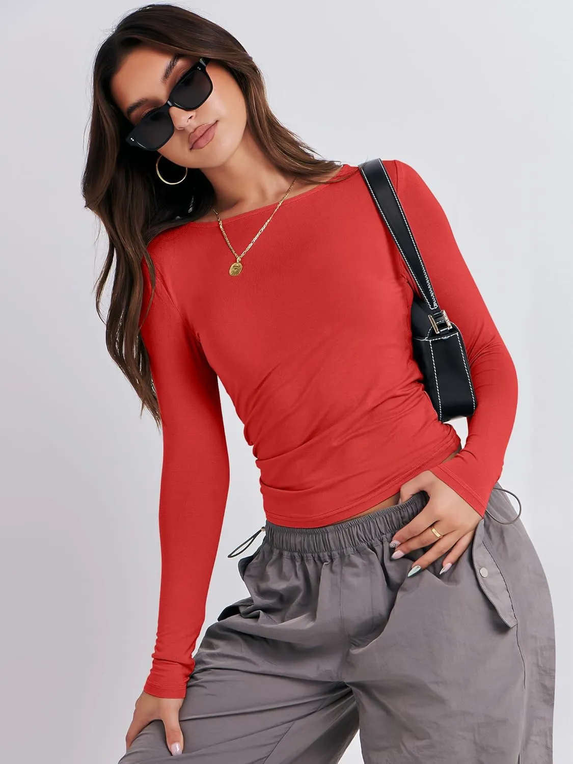 ANRABESS Women’s Long Sleeve Shirts Tight Fitted Going Out Crop Tops Crewneck Basic Tee Y2k Outfits Teens Girls Clothes