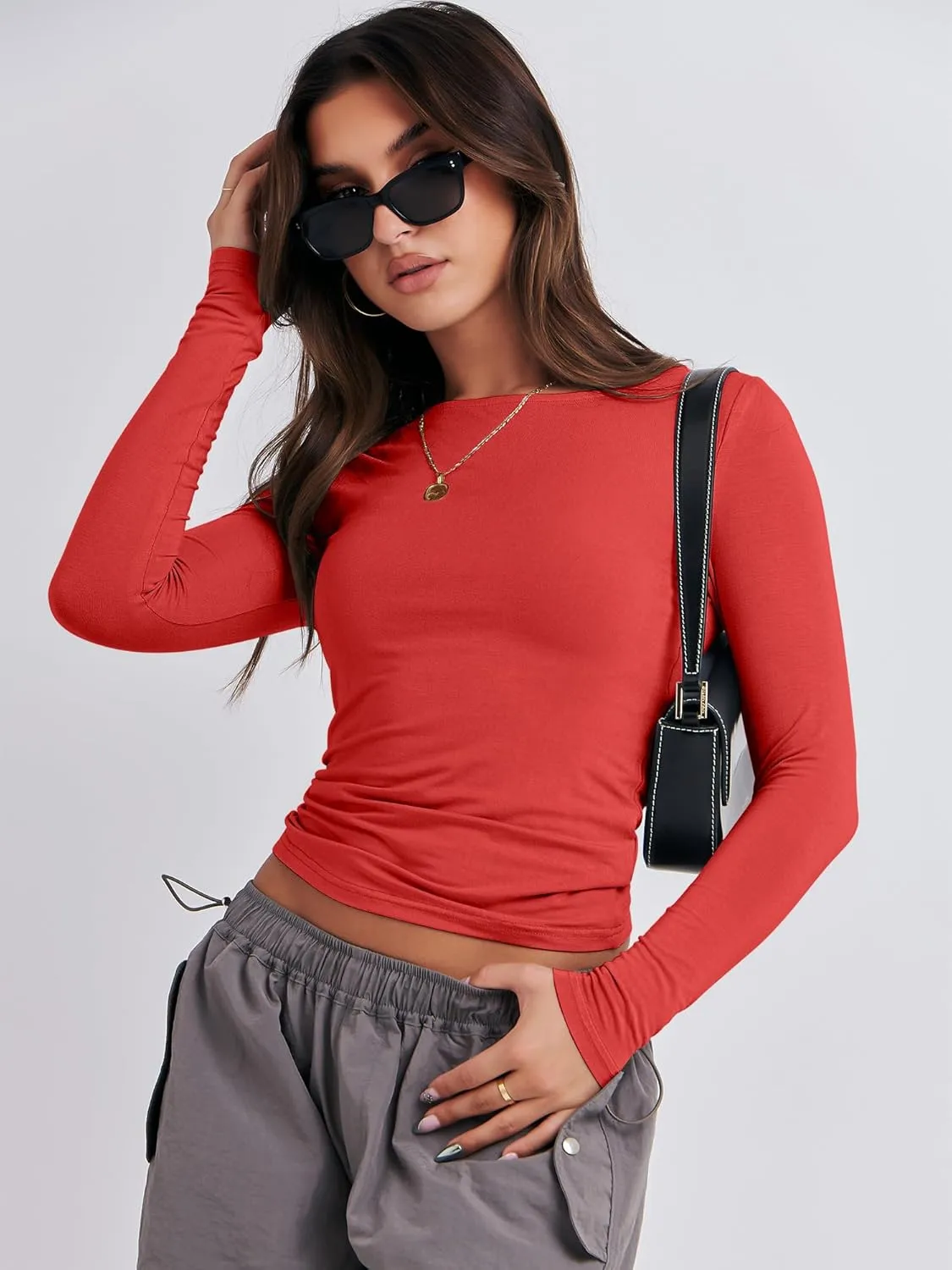 ANRABESS Women’s Long Sleeve Shirts Tight Fitted Going Out Crop Tops Crewneck Basic Tee Y2k Outfits Teens Girls Clothes