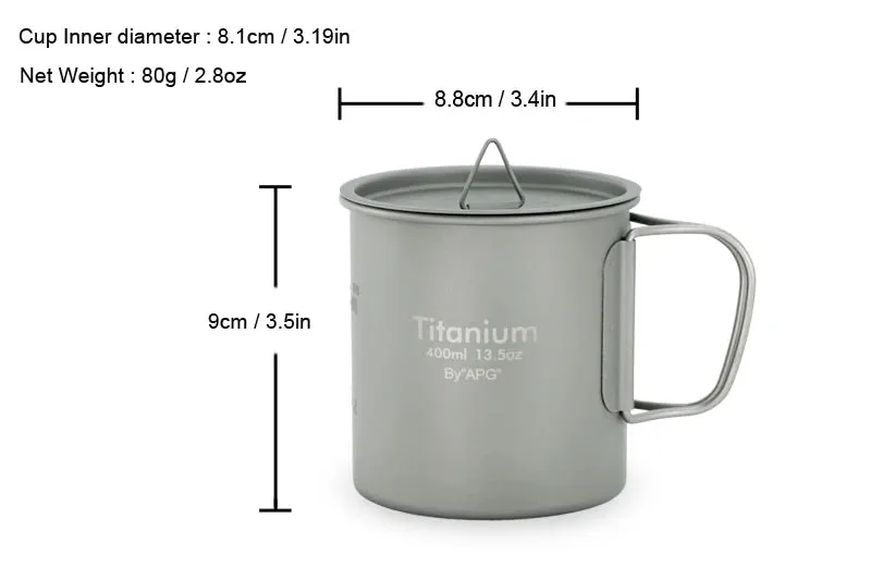 APG Titanium Cup/Mug Foldable Handle Pot Coffee Tea Cup with Lid and Titanium Spork Fork Spoon