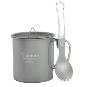 APG Titanium Cup/Mug Foldable Handle Pot Coffee Tea Cup with Lid and Titanium Spork Fork Spoon