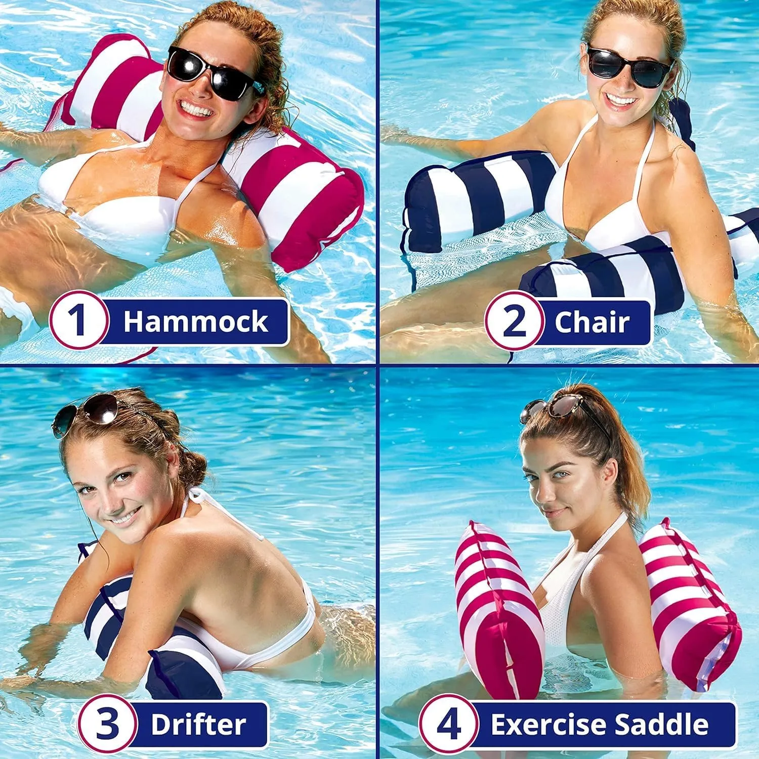 Aqua 4-in-1 Monterey Hammock Pool Float & Water Hammocks – 2-3-4 Multipacks – Multiple Colors/Styles – for Adults and Kids Floating