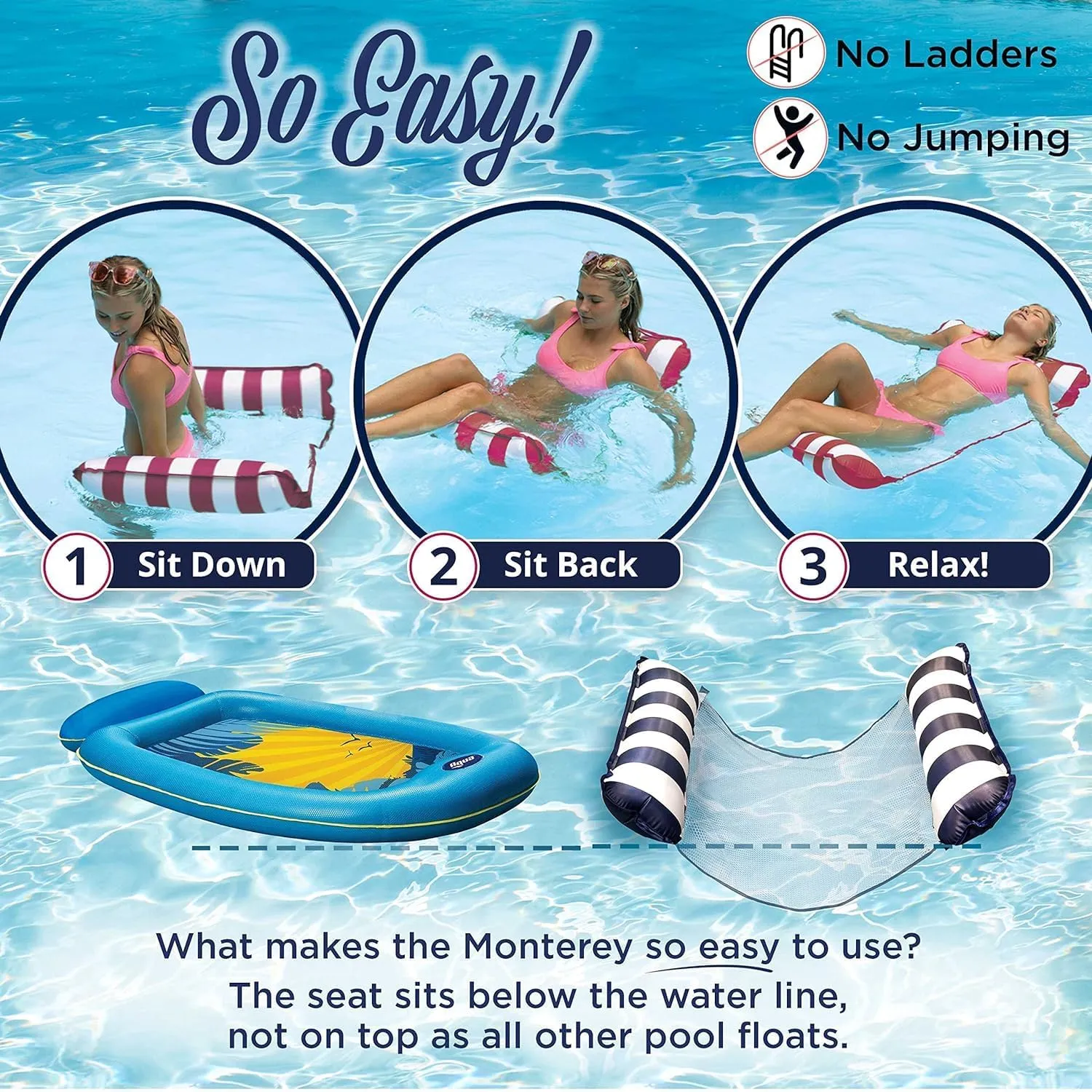 Aqua 4-in-1 Monterey Hammock Pool Float & Water Hammocks – 2-3-4 Multipacks – Multiple Colors/Styles – for Adults and Kids Floating