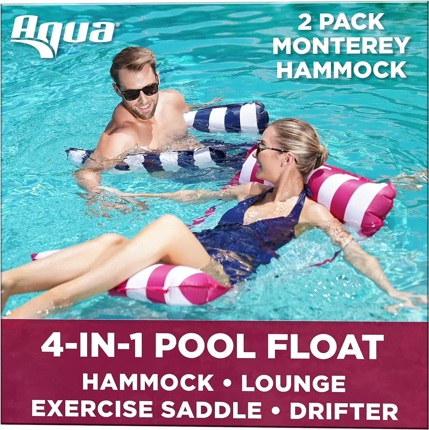Aqua 4-in-1 Monterey Hammock Pool Float & Water Hammocks – 2-3-4 Multipacks – Multiple Colors/Styles – for Adults and Kids Floating