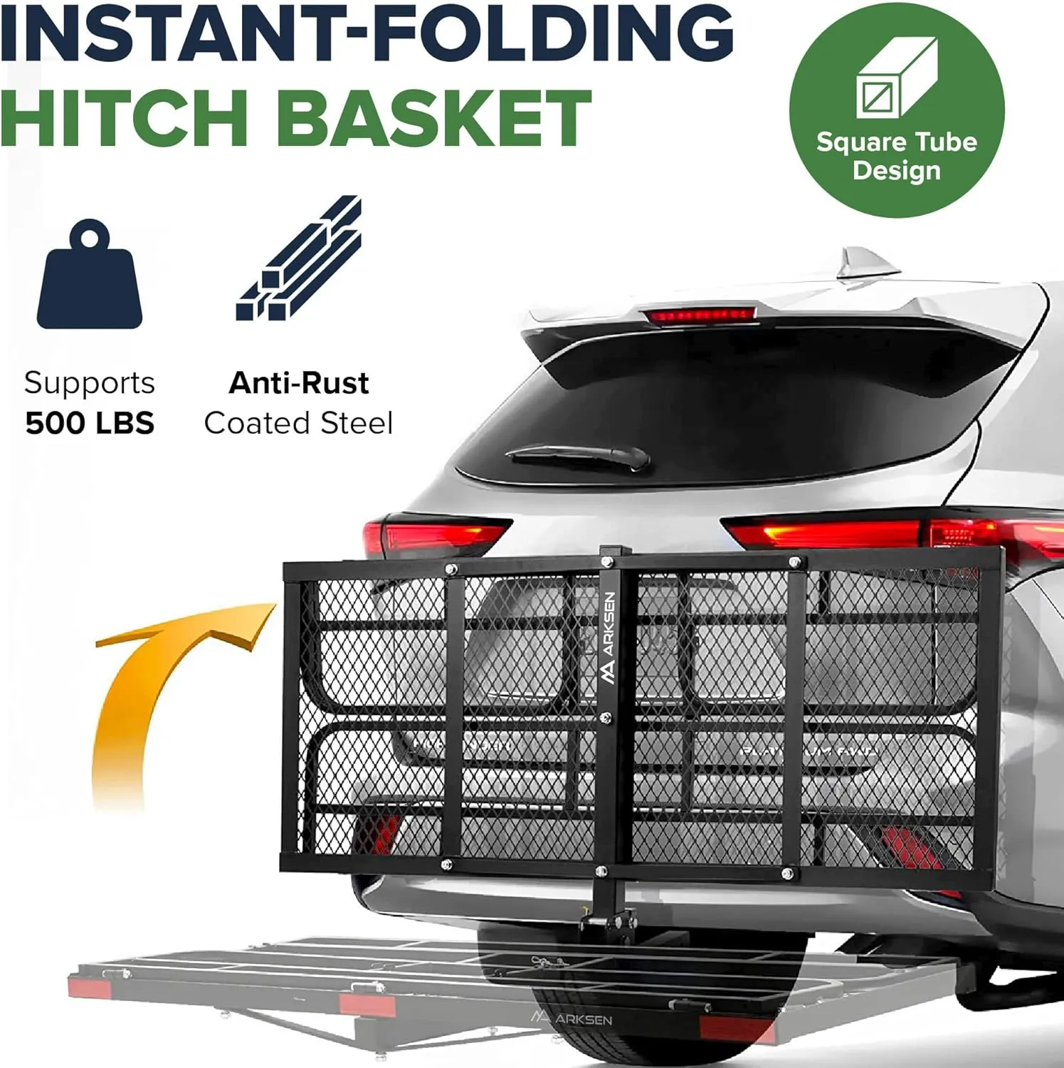 ARKSEN 60" x 25" x 14" Folding Cargo Rack Carrier with Waterproof Cargo Bag 500 Lbs Heavy Duty Capacity 2 Inch Receiver Luggage Basket Hitch Fold Up for SUV Pickup Camping Traveling