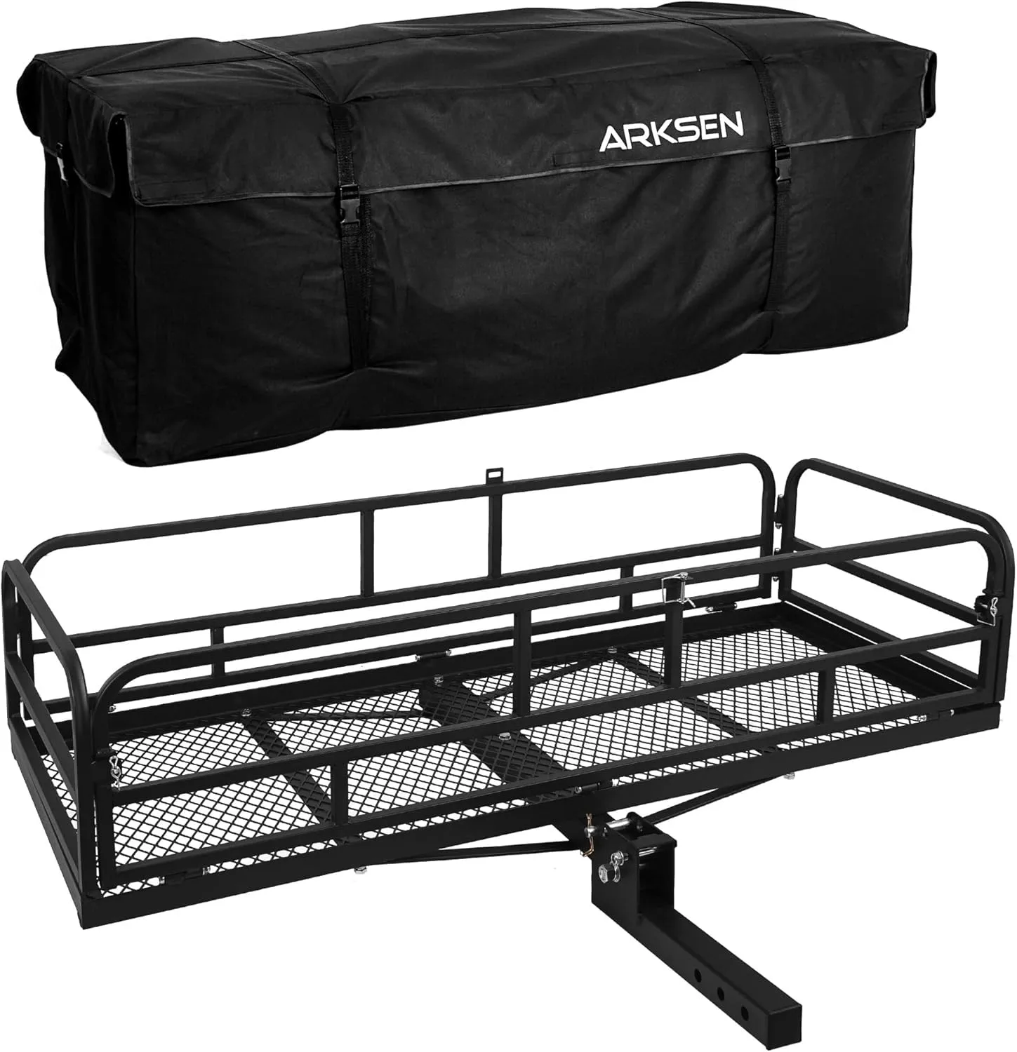 ARKSEN 60" x 25" x 14" Folding Cargo Rack Carrier with Waterproof Cargo Bag 500 Lbs Heavy Duty Capacity 2 Inch Receiver Luggage Basket Hitch Fold Up for SUV Pickup Camping Traveling