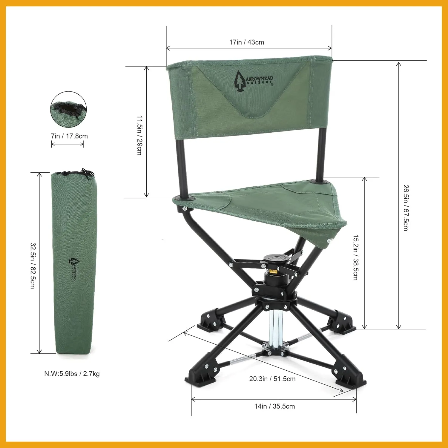 ARROWHEAD OUTDOOR 360° Degree Swivel Hunting Chair Stool Seat, Perfect for Blinds, No Sink Feet, Quick Setup & Takedown, Compact & Lightweight, Carrying Case, Fishing, Rugged 600D Canvas, USA-Based