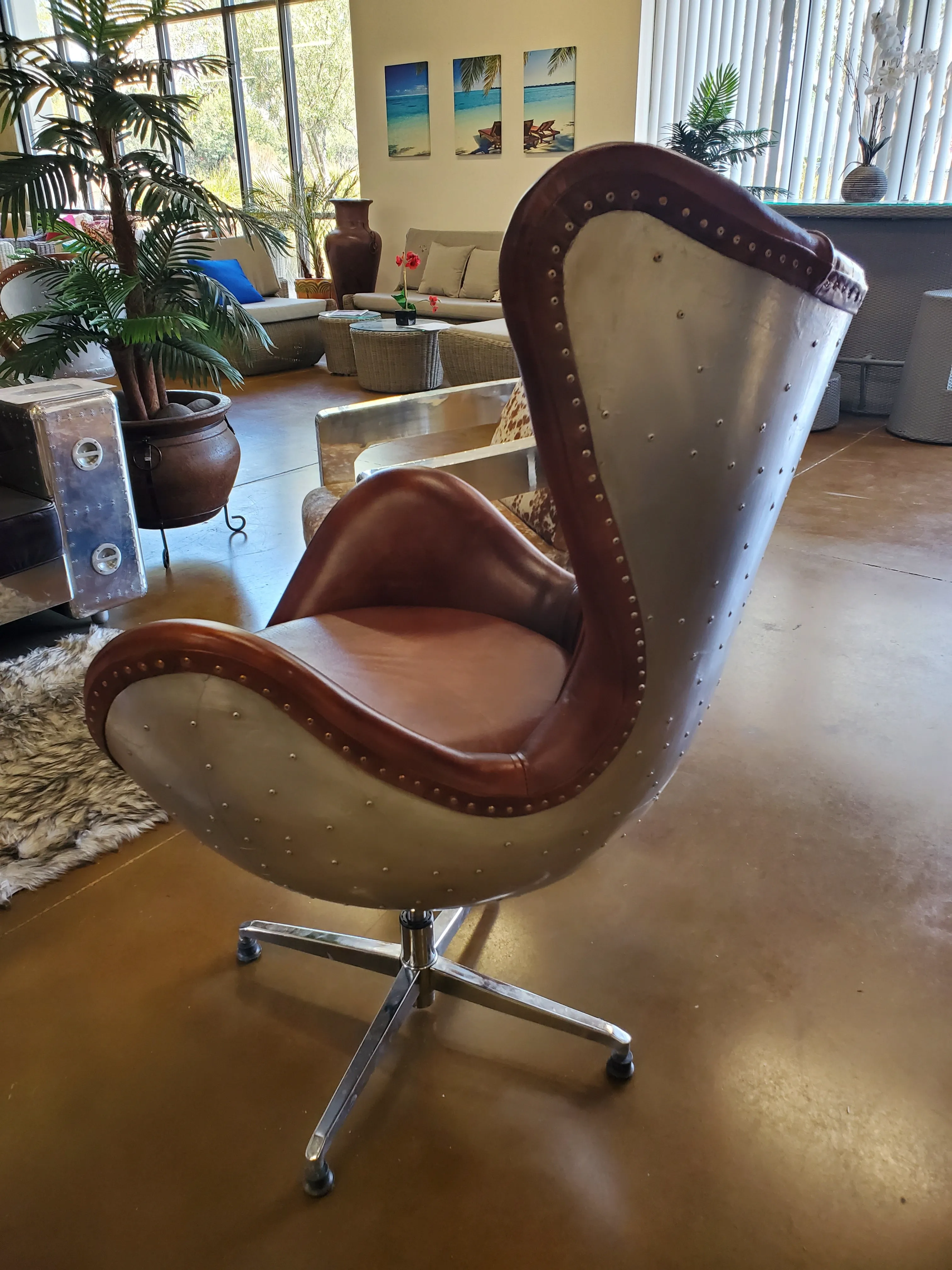 Aviator Mid Century Modern Classic Jacobsen Style Egg Lounge Chair Brown Leather Aluminum