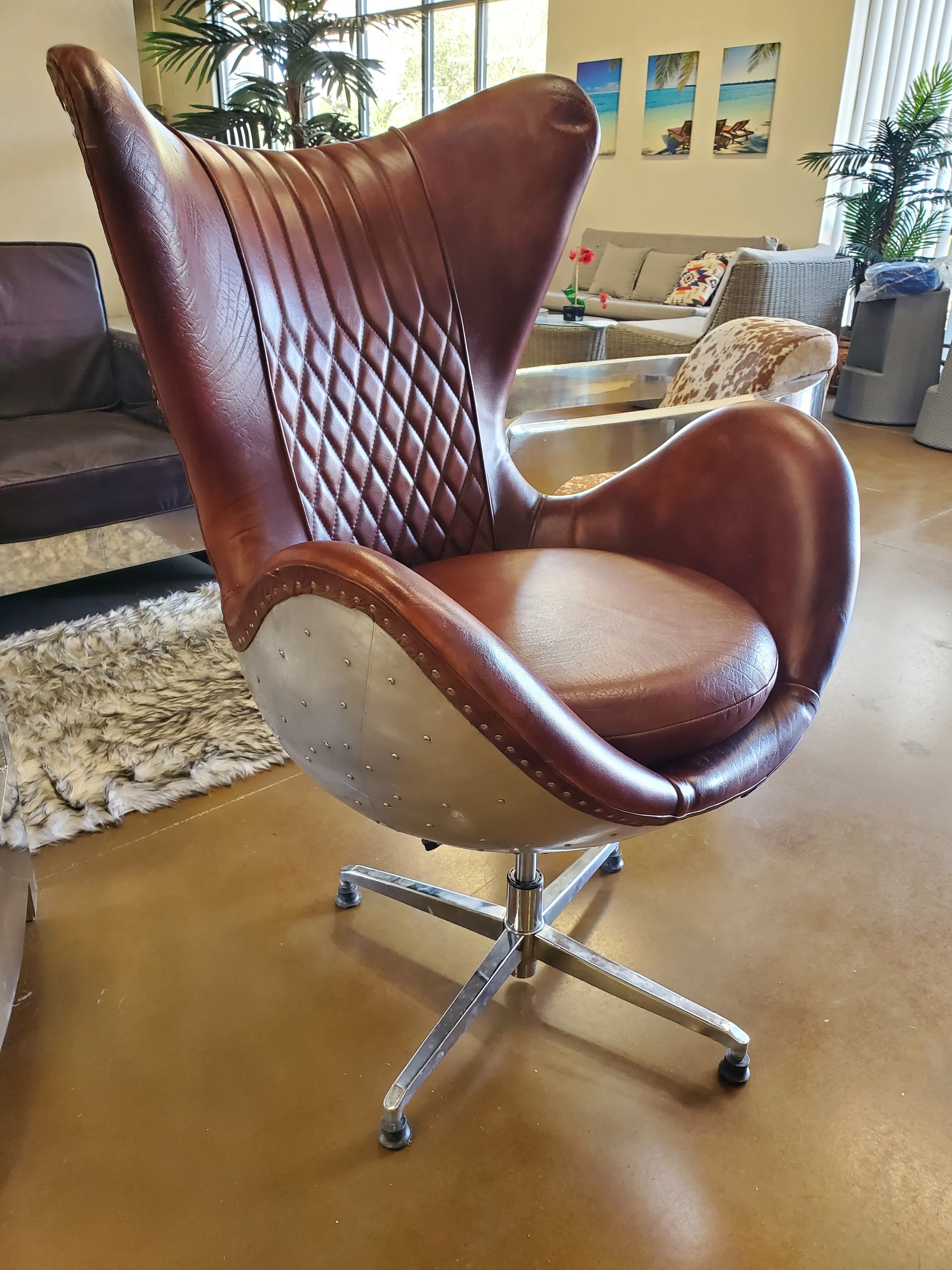 Aviator Mid Century Modern Classic Jacobsen Style Egg Lounge Chair Brown Leather Aluminum