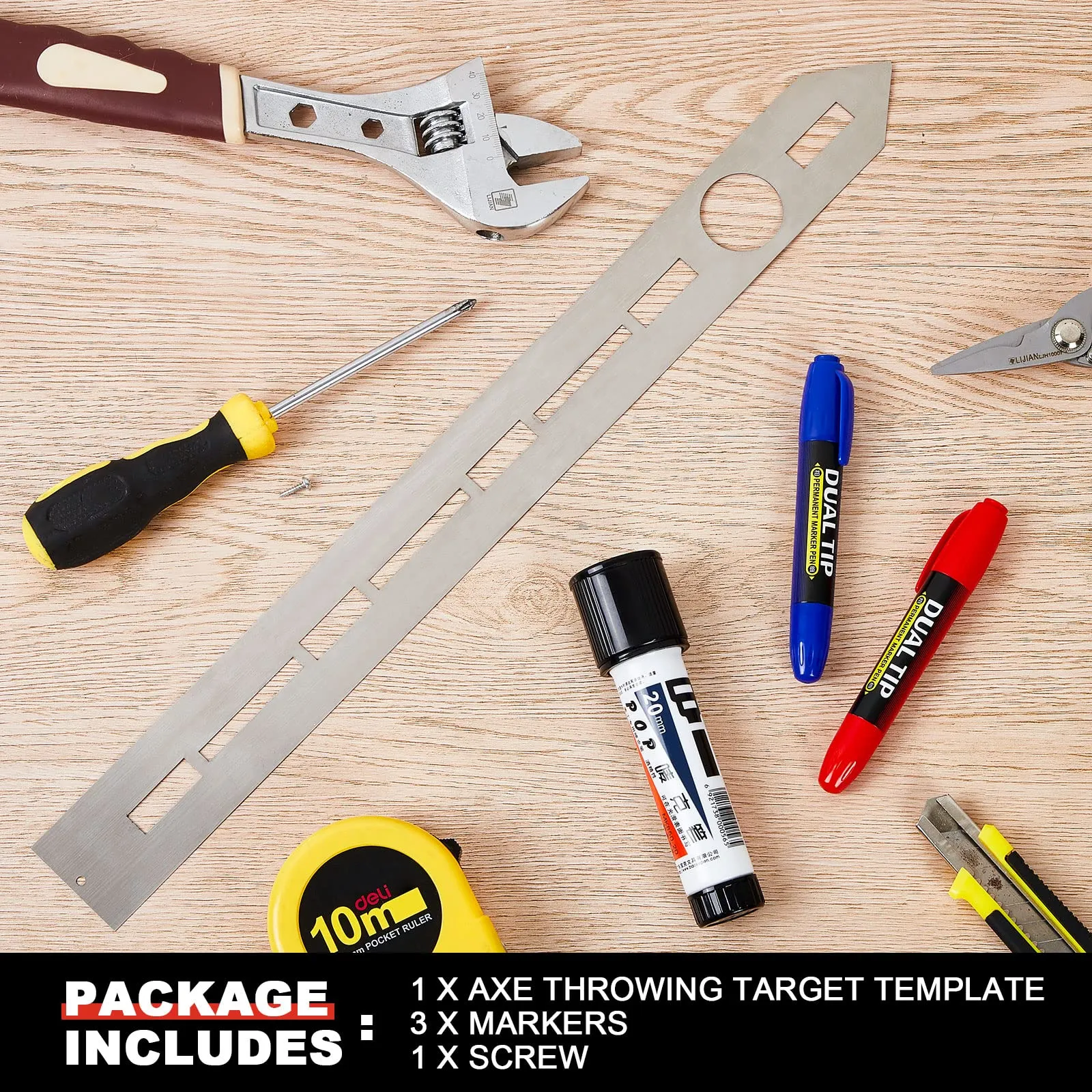 Axe Throwing Target Template Stainless Steel Target Template Stencil Comes with 3 Markers Axe Throwing Target Board Stencil Axe Throwing Set for Drawing Target Template, 20 x 2 Inches (Simple)