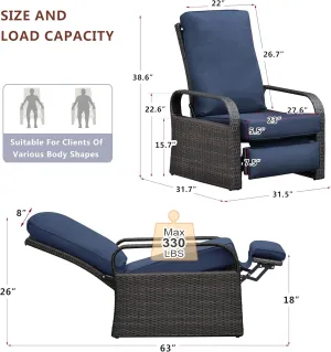 Babylon Dual-use Indoor/Outdoor Wicker Adjustable Recliner Chair, Patio Relaxing Lounge Rattan Armchair with Cushions (Brown Wicker Navy Blue Cushion)
