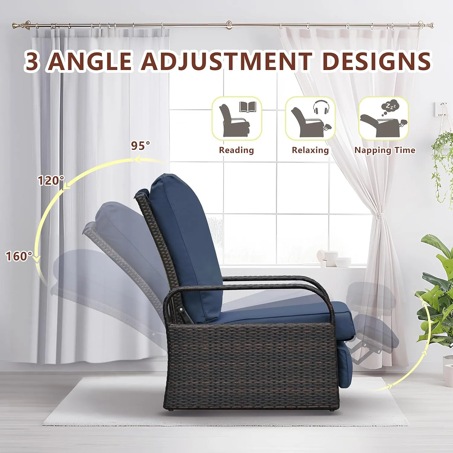 Babylon Dual-use Indoor/Outdoor Wicker Adjustable Recliner Chair, Patio Relaxing Lounge Rattan Armchair with Cushions (Brown Wicker Navy Blue Cushion)