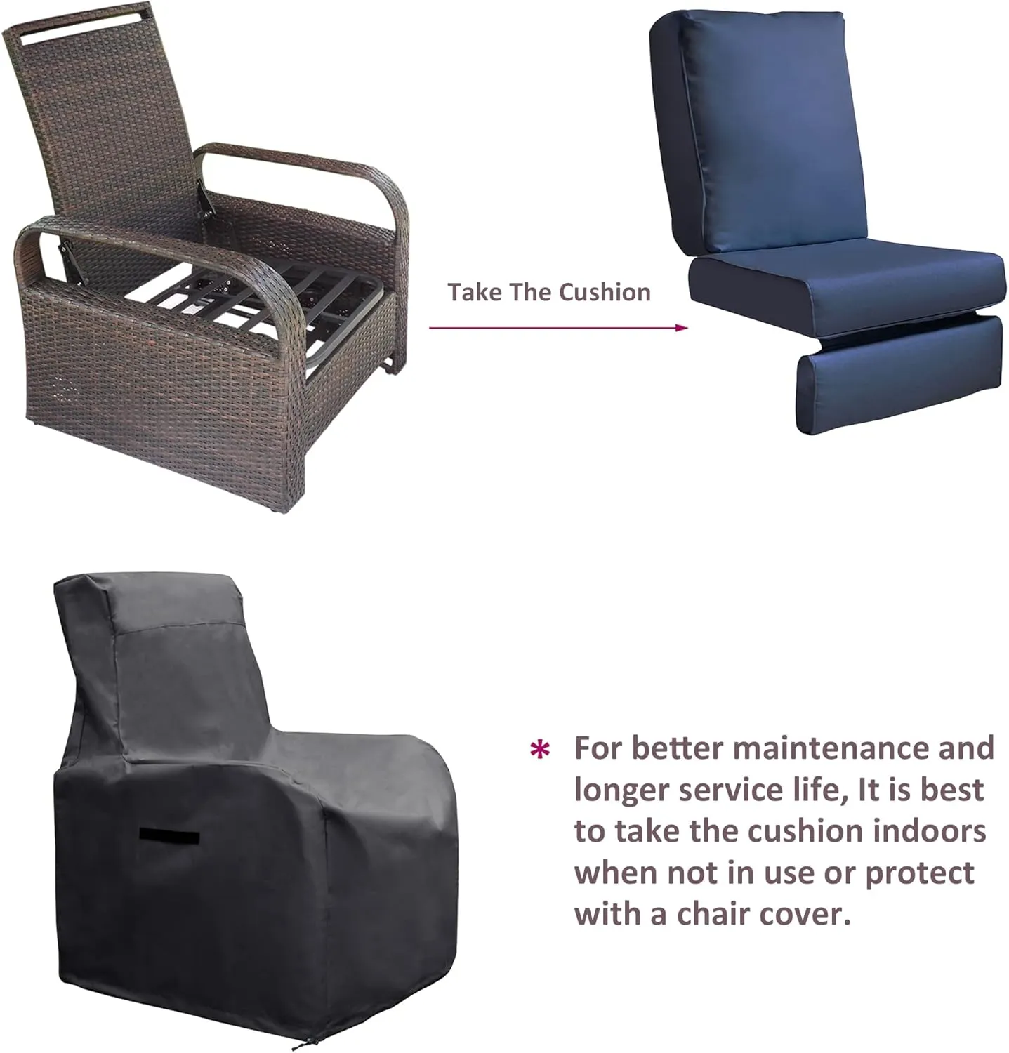 Babylon Dual-use Indoor/Outdoor Wicker Adjustable Recliner Chair, Patio Relaxing Lounge Rattan Armchair with Cushions (Brown Wicker Navy Blue Cushion)