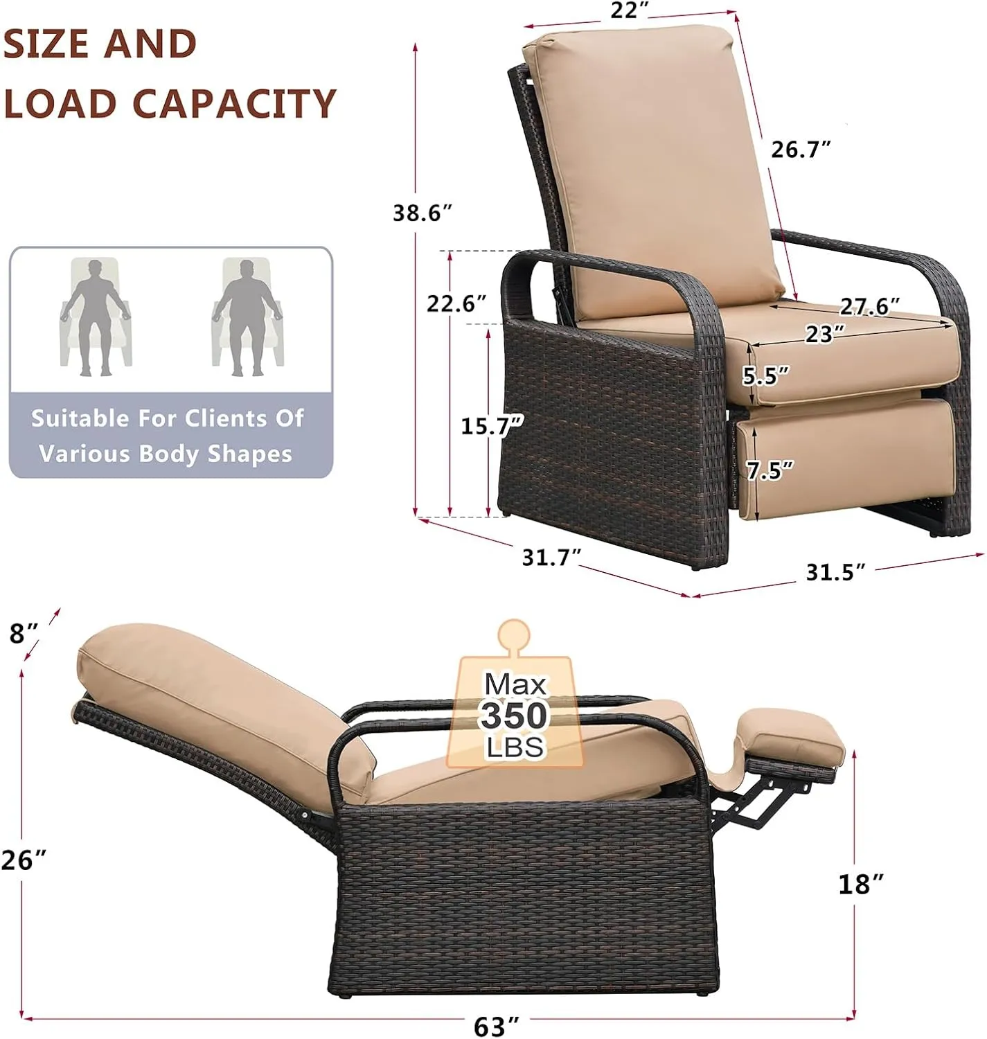 Babylon Outdoor Recliner Wicker Patio Adjustable Recliner Chair with Cushions, Rust-Resistant Aluminum Frame,All-Weather Resin Rattan, Brown& Khaki