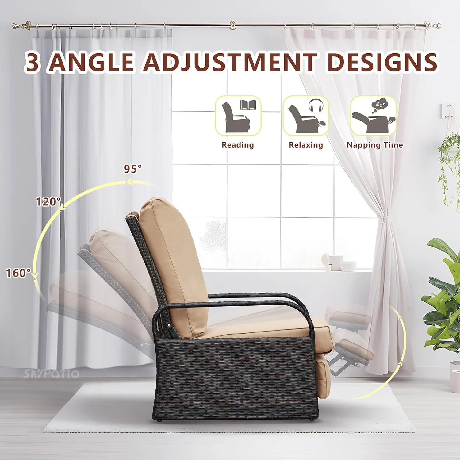 Babylon Outdoor Recliner Wicker Patio Adjustable Recliner Chair with Cushions, Rust-Resistant Aluminum Frame,All-Weather Resin Rattan, Brown& Khaki