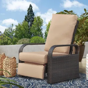 Babylon Outdoor Recliner Wicker Patio Adjustable Recliner Chair with Cushions, Rust-Resistant Aluminum Frame,All-Weather Resin Rattan, Brown& Khaki
