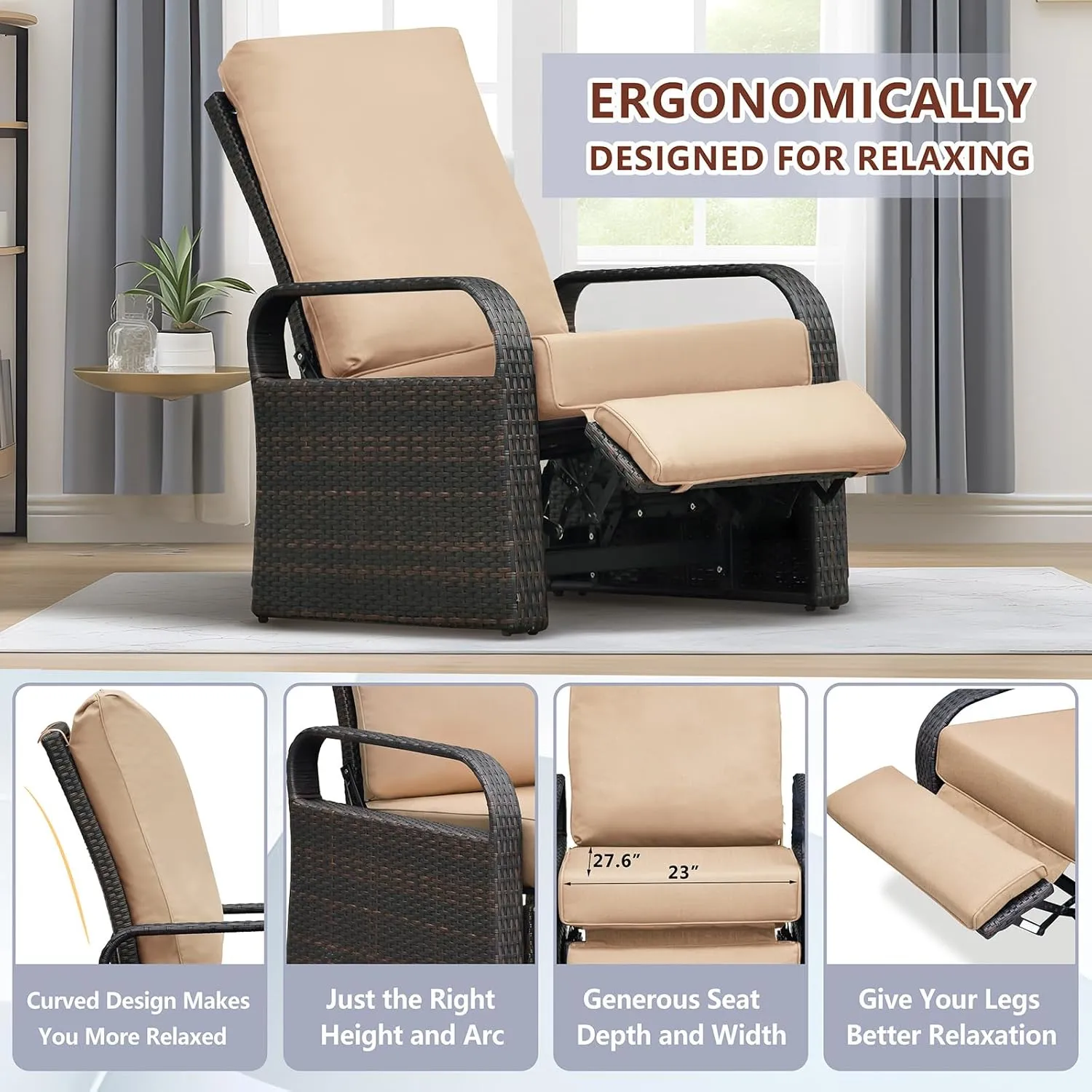 Babylon Outdoor Recliner Wicker Patio Adjustable Recliner Chair with Cushions, Rust-Resistant Aluminum Frame,All-Weather Resin Rattan, Brown& Khaki