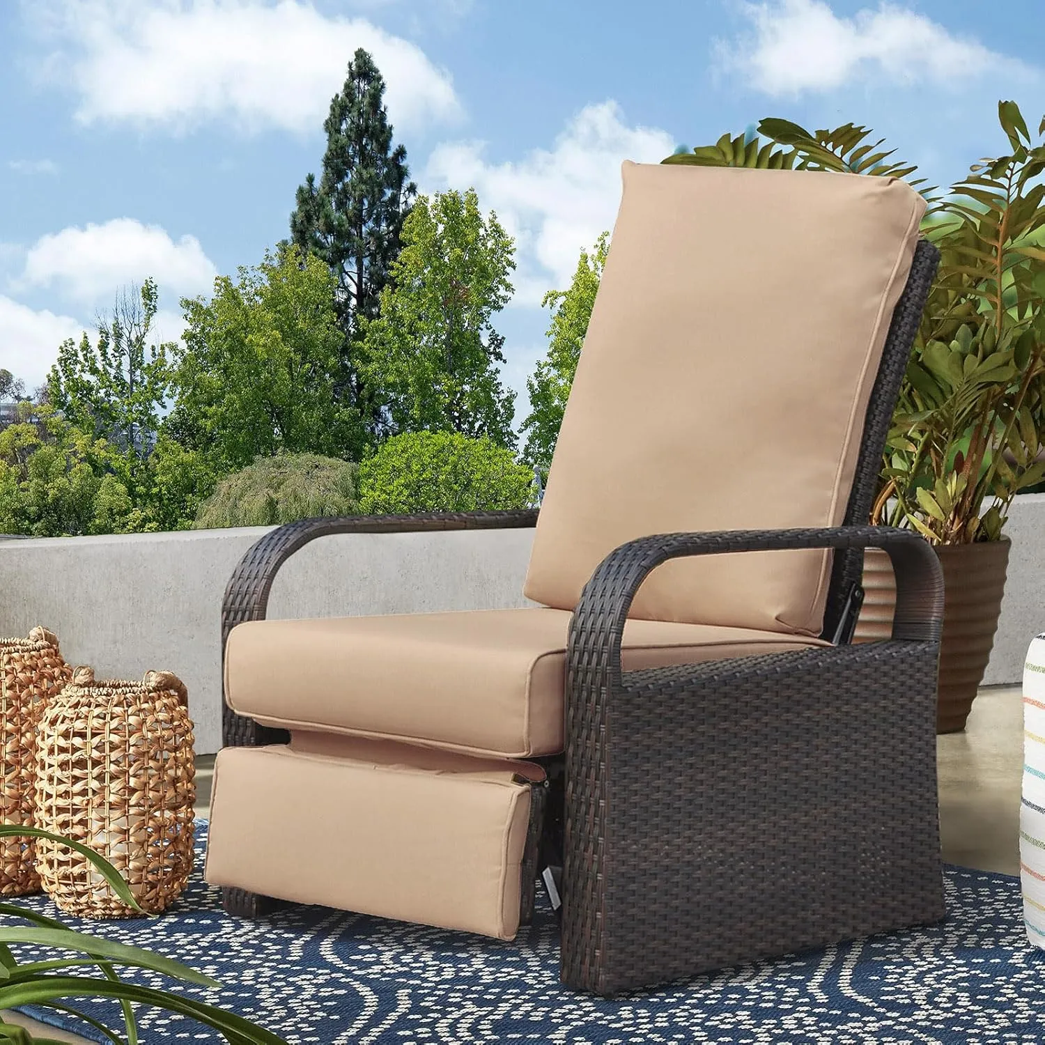 Babylon Outdoor Recliner Wicker Patio Adjustable Recliner Chair with Cushions, Rust-Resistant Aluminum Frame,All-Weather Resin Rattan, Brown& Khaki