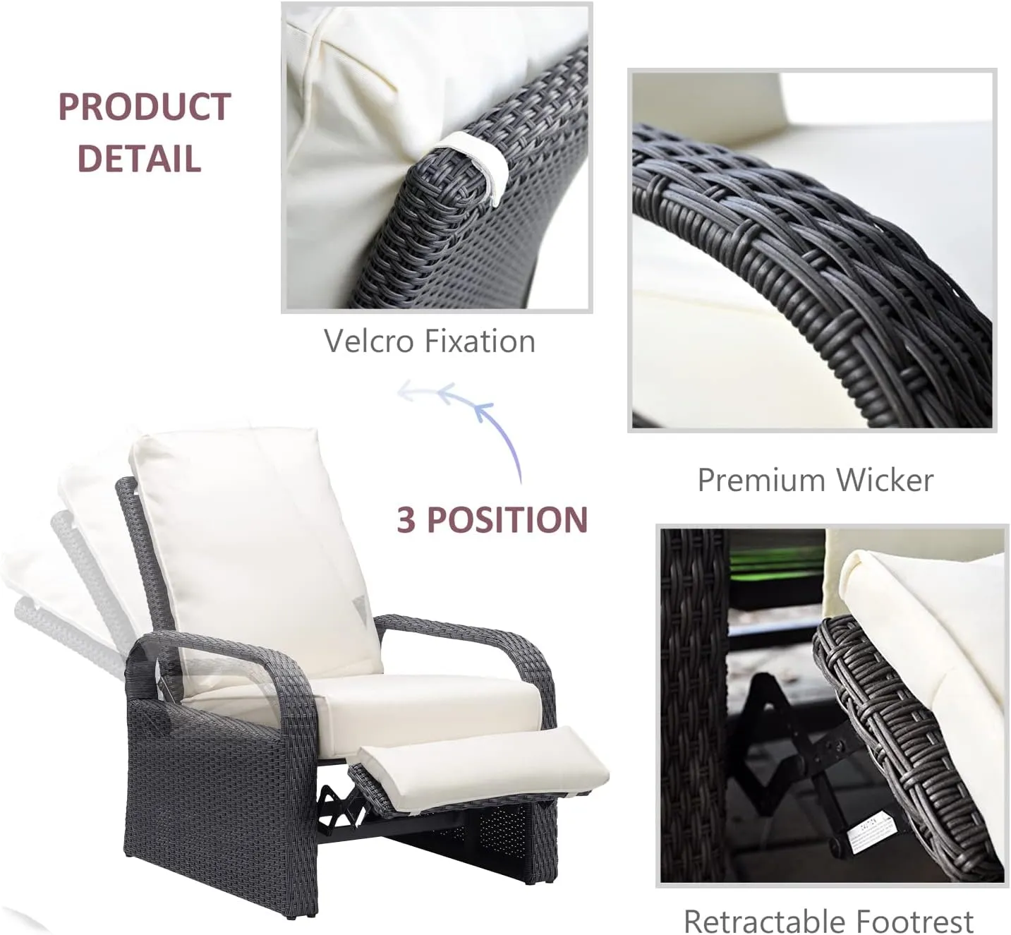 Babylon Outdoor Recliner Wicker Patio Adjustable Recliner Chair with Cushions, Rust-Resistant Aluminum Frame,All-Weather Resin Rattan, Grey&White